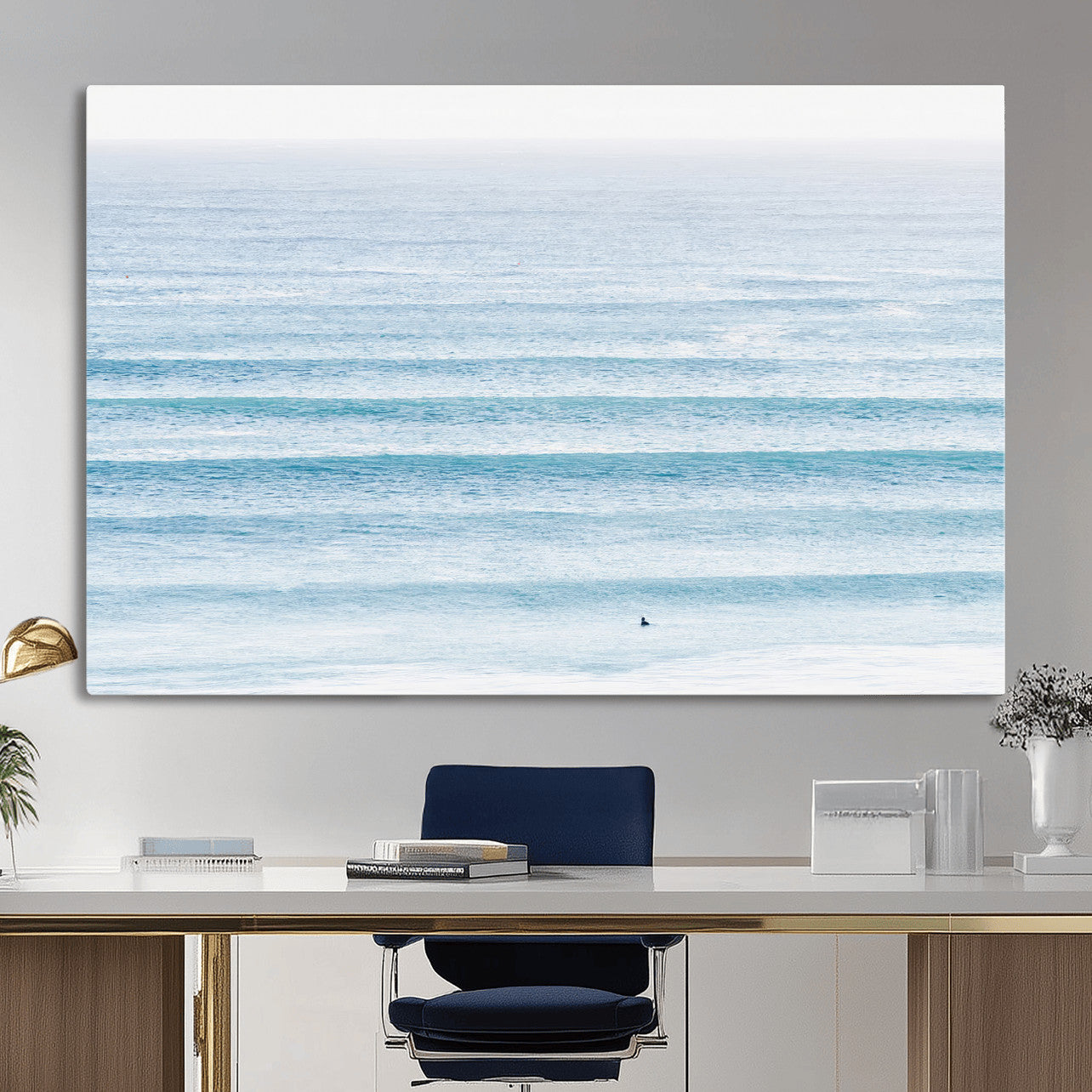77145995-MGV-CV-36X24-Ocean Wave Surfer Wall Art – Framed Minimal Seascape Canvas Artwork, Calm Blue Water Design, Coastal Decor for Home, Office