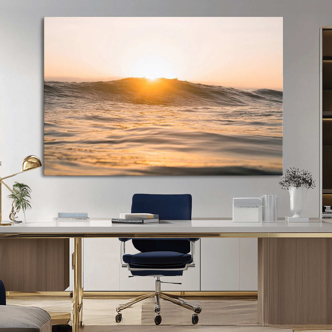 MGV-CV-36X24 - Calm Water Wall Art Canvas Print, Framed Sunset Waves Art Picture Print, Coastal Warmth Perfect Warm Minimalist Decor Artwork