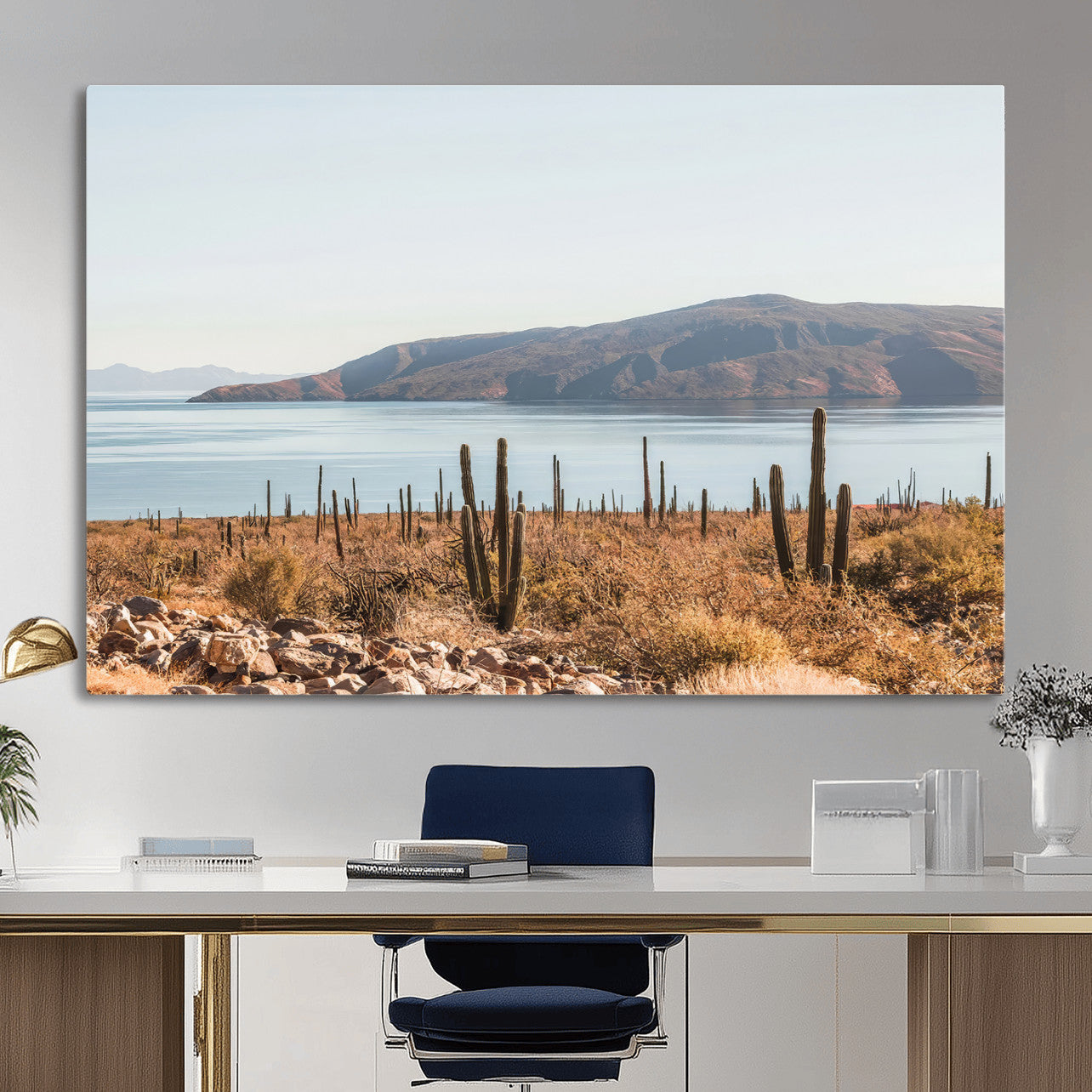 MGV-CV-36X24 - Desert Cactus Wall Art Canvas Print, Framed Baja Coastline Art Picture Print, Coastal Desert Perfect Southwestern Minimalist Decor Artwork