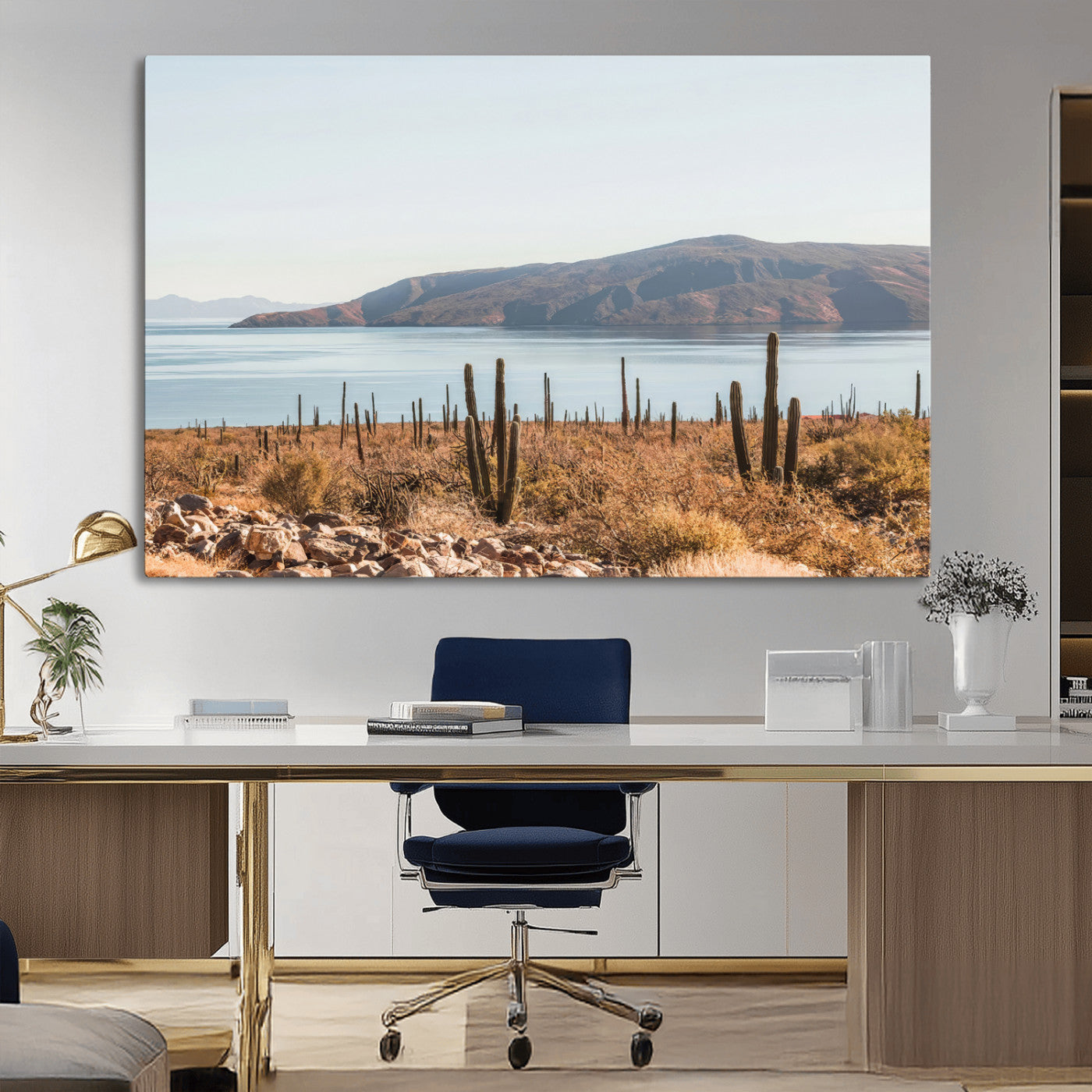 MGV-CV-36X24 - Desert Cactus Wall Art Canvas Print, Framed Baja Coastline Art Picture Print, Coastal Desert Perfect Southwestern Minimalist Decor Artwork