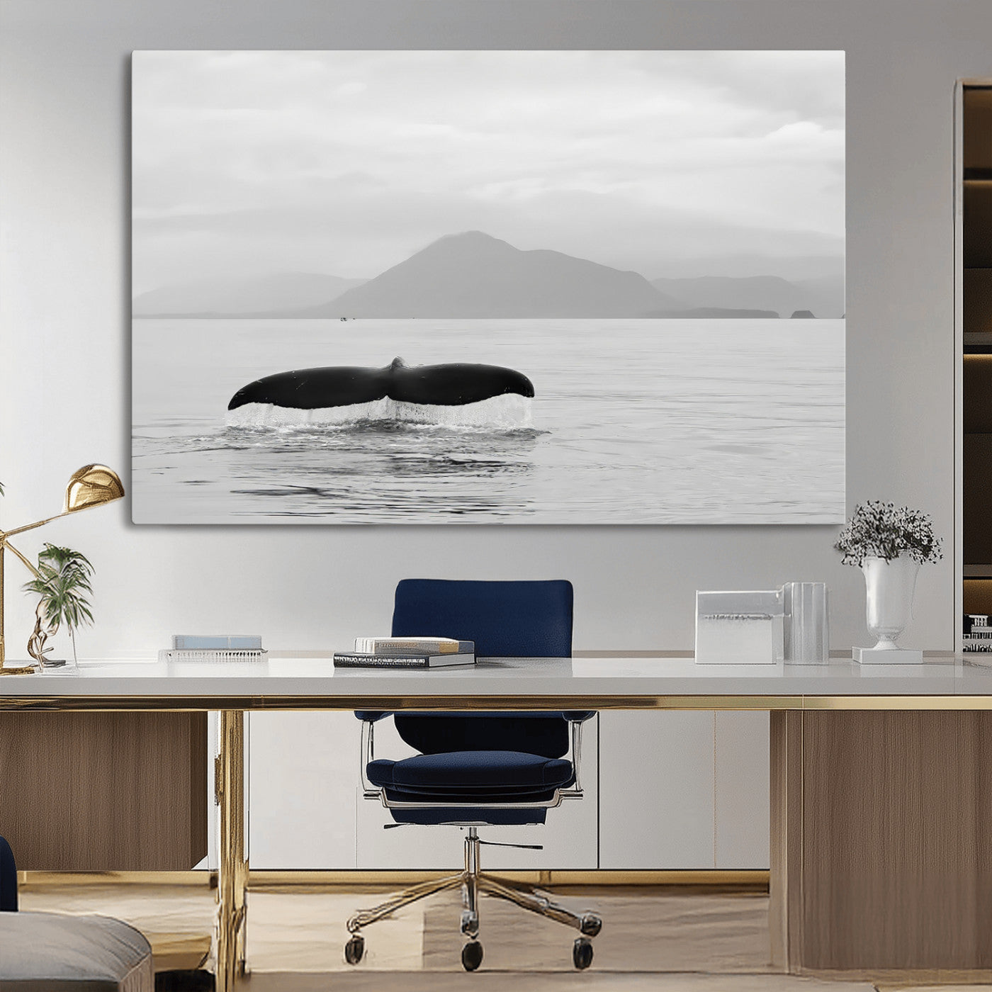 MGV-CV-36X24 - Whale Tail Wall Art Canvas Print, Framed Black White Ocean Art Picture Print, Calm Marine Perfect Minimalist Coastal Decor Artwork