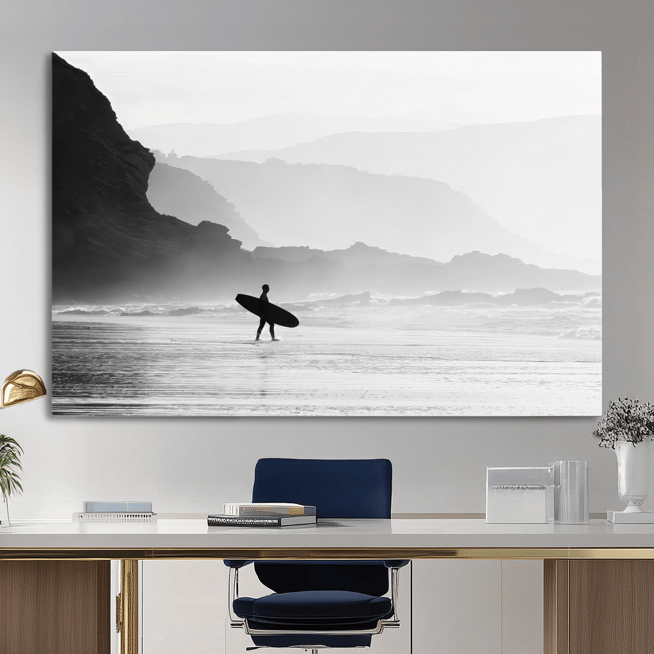 MGV-CV-36X24 - Surfer In Fog Wall Art Canvas Print, Framed Moody Shoreline Art Picture Print, Cliffside Waves Perfect Minimalist Coastal Decor Artwork