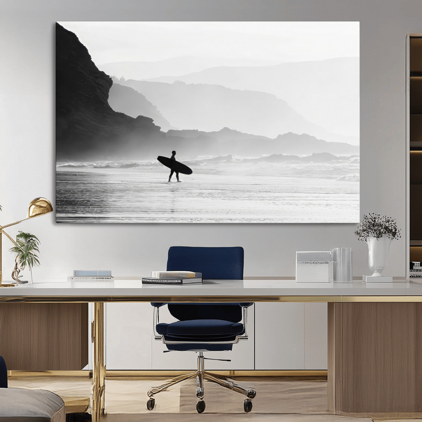 MGV-CV-36X24 - Surfer In Fog Wall Art Canvas Print, Framed Moody Shoreline Art Picture Print, Cliffside Waves Perfect Minimalist Coastal Decor Artwork