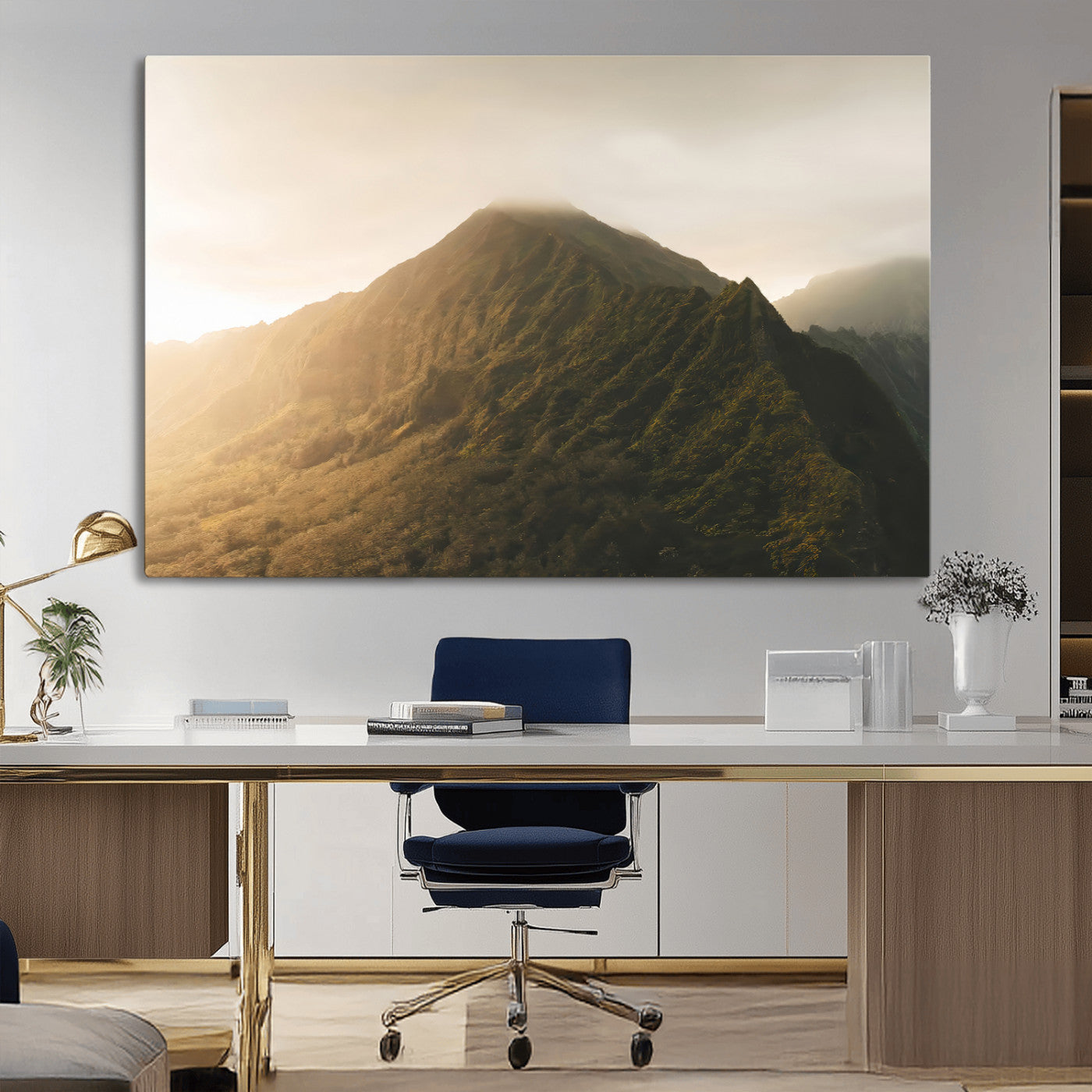 MGV-CV-36X24 - Golden Mountain Wall Art Canvas Print, Framed Misty Summit Art Picture Print, Rugged Landscape Perfect Moody Wilderness Decor Artwork