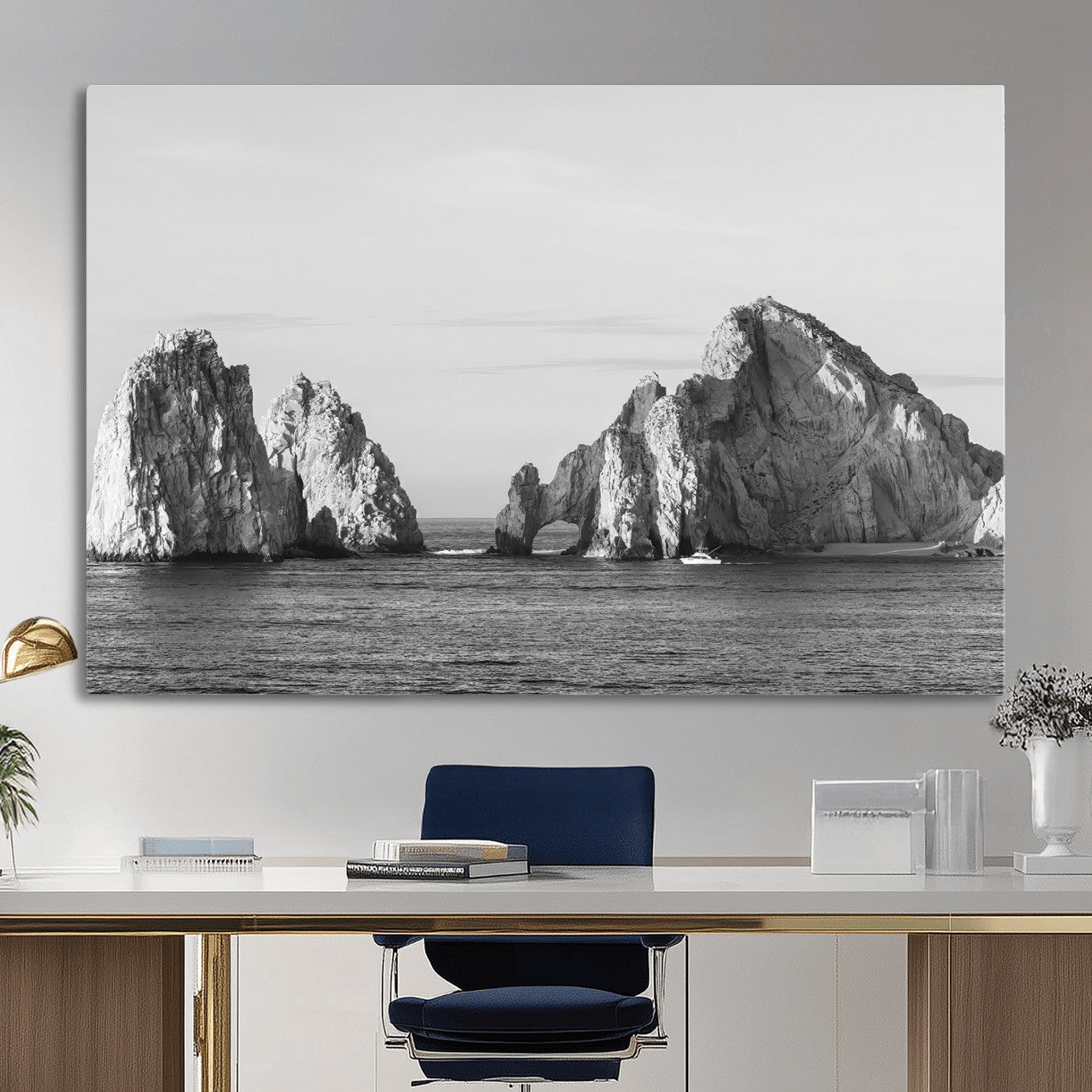 MGV-CV-36X24 - Rugged Coastline Wall Art Canvas Print, Framed Ocean Cliffs Art Picture Print, Monochrome Seascape Perfect Coastal Minimalist Decor Artwork