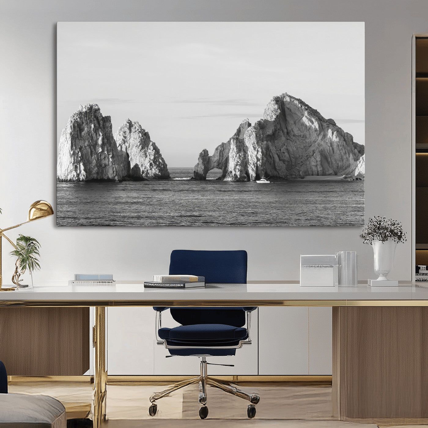 MGV-CV-36X24 - Rugged Coastline Wall Art Canvas Print, Framed Ocean Cliffs Art Picture Print, Monochrome Seascape Perfect Coastal Minimalist Decor Artwork