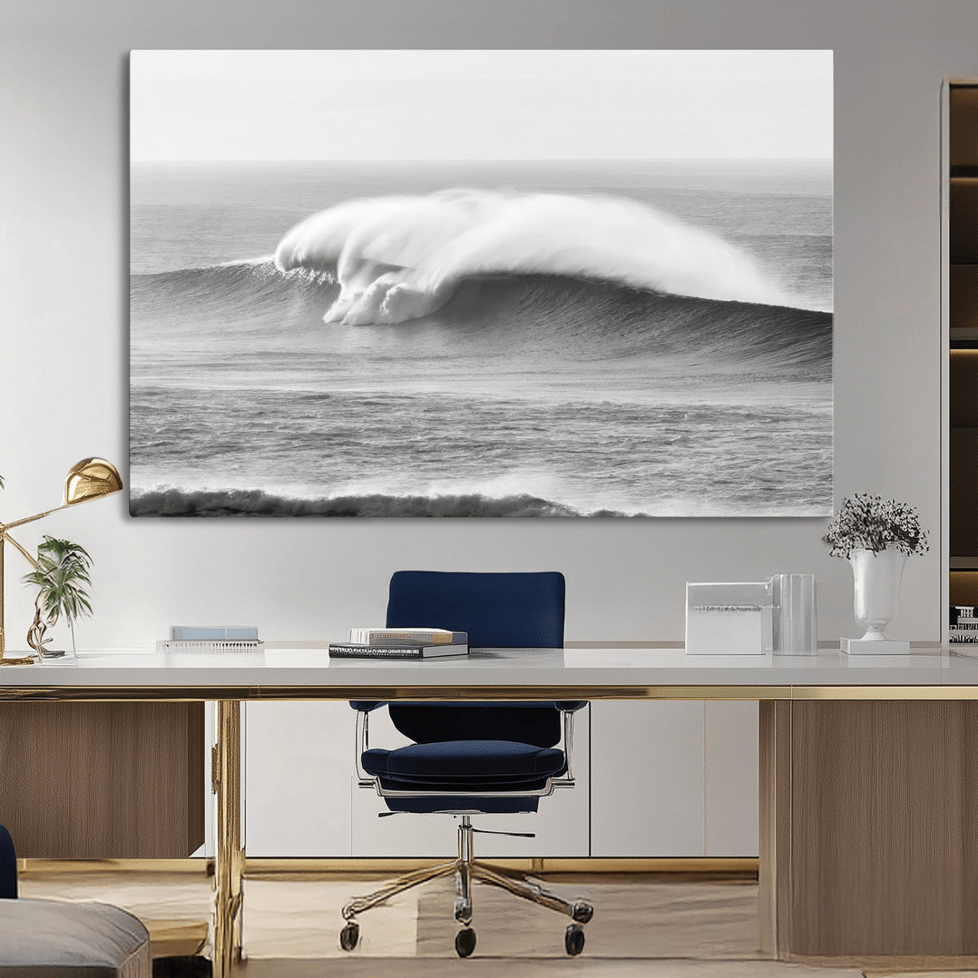 A dramatic black and white ocean wave crashing with immense force, capturing the raw power and movement of the sea in a bold seascape.