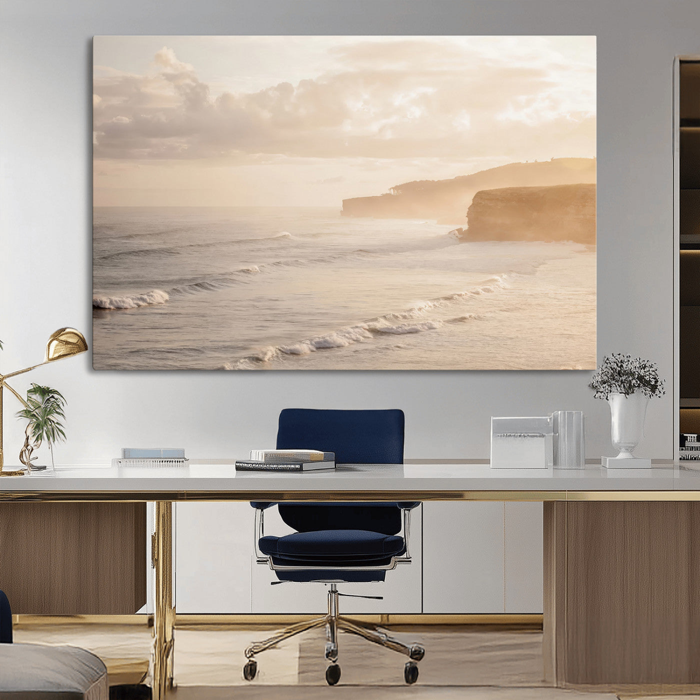 Golden hour seascape with misty cliffs and gentle waves rolling towards the shore, capturing a tranquil and warm coastal atmosphere.