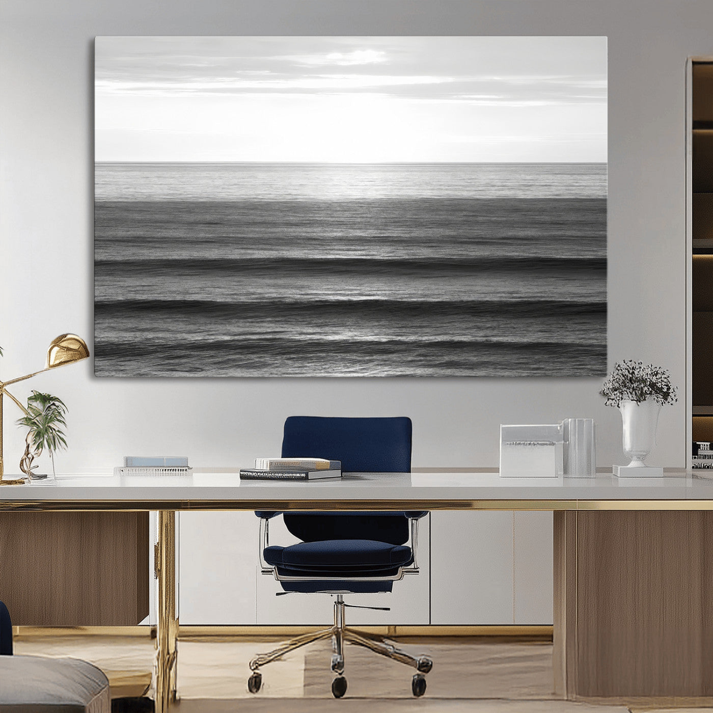 Minimalist black and white ocean view with layered waves reflecting sunlight, evoking a sense of calm and coastal serenity.