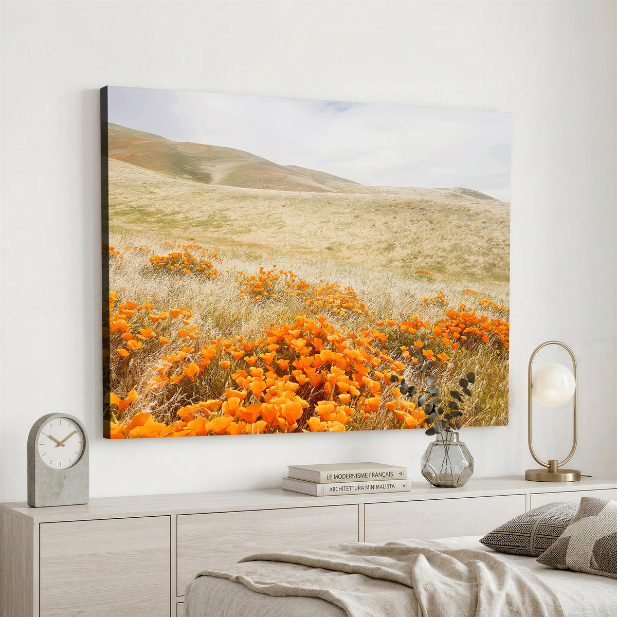 28972262-_Poster-30x20 - Golden Wildflowers Wall Art Canvas Print, Framed Hills and Poppy Meadow Scene