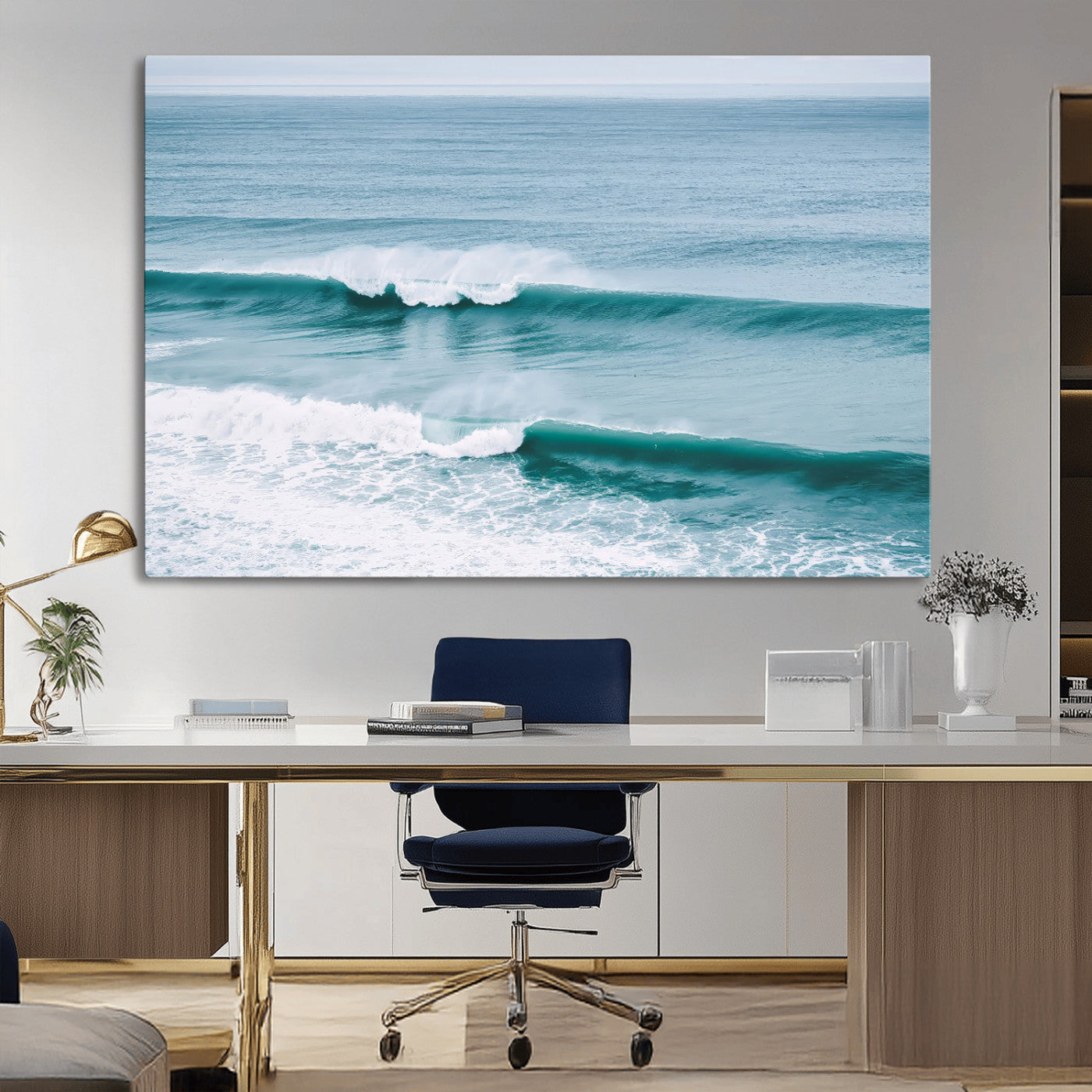 Powerful ocean waves rolling towards the shore, their turquoise hues blending with white sea foam under an open horizon, capturing the essence of the ocean's movement.