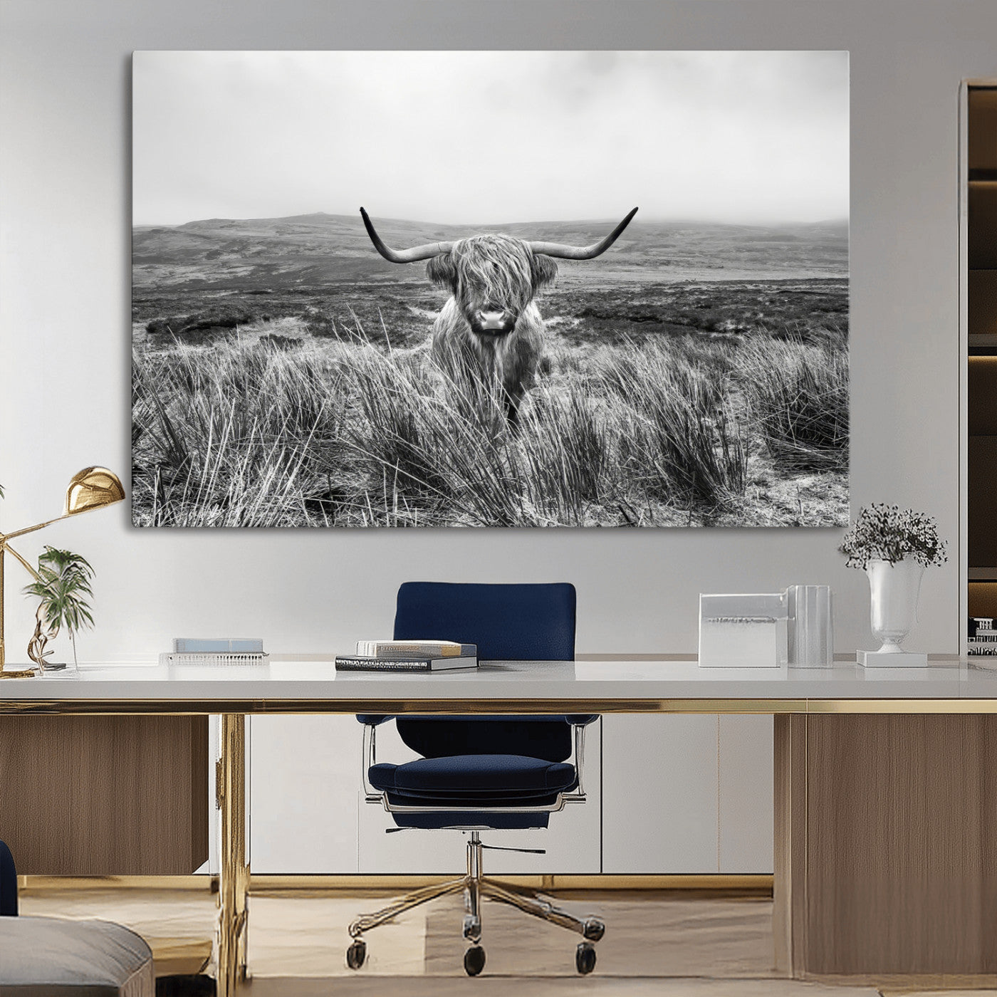 A black and white portrait of a Highland cow in a foggy Scottish countryside, capturing a rustic aesthetic and tranquil farm escape.