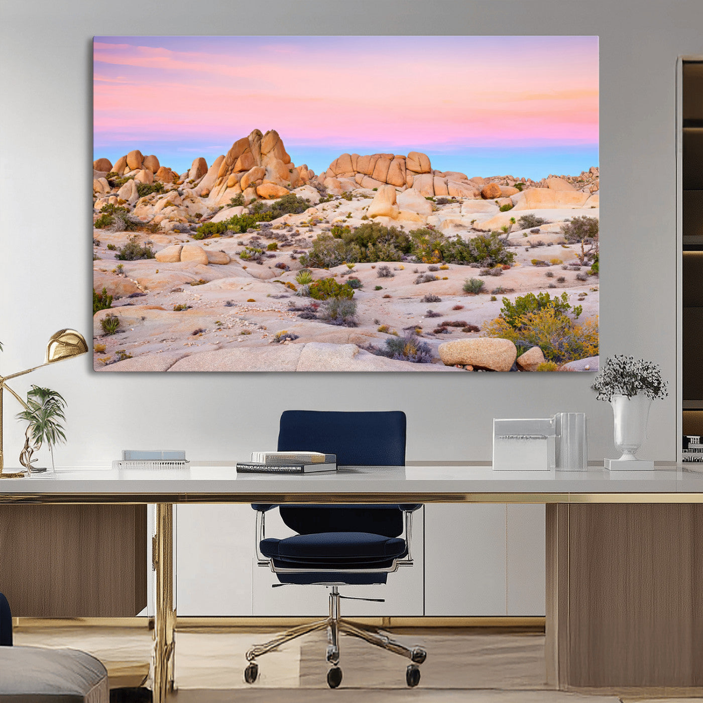 A breathtaking desert landscape featuring rugged rock formations under a vibrant pastel sunset sky, capturing the warmth and serenity of a Southwestern wilderness.