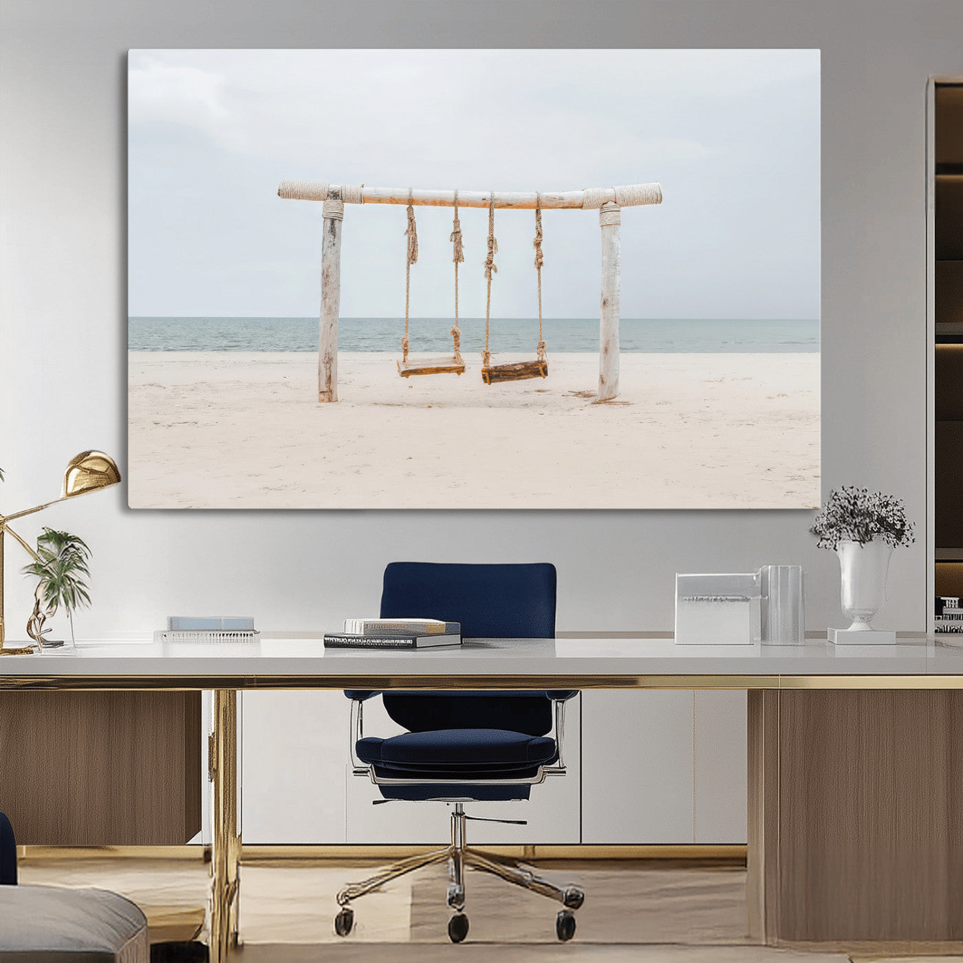 A rustic wooden beach swing stands on a serene sandy shore with an ocean horizon in the background, creating a tranquil and dreamy coastal escape.