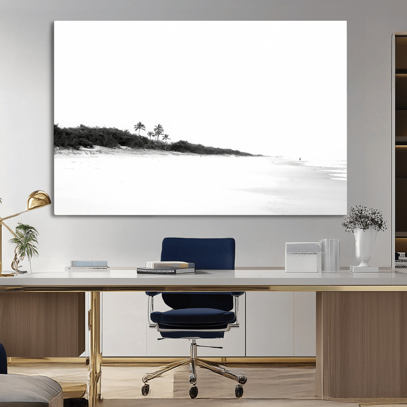 A black and white minimalist coastal scene with a vast open beach, distant palm trees, and a lone figure walking along the shoreline, evoking serenity and solitude.