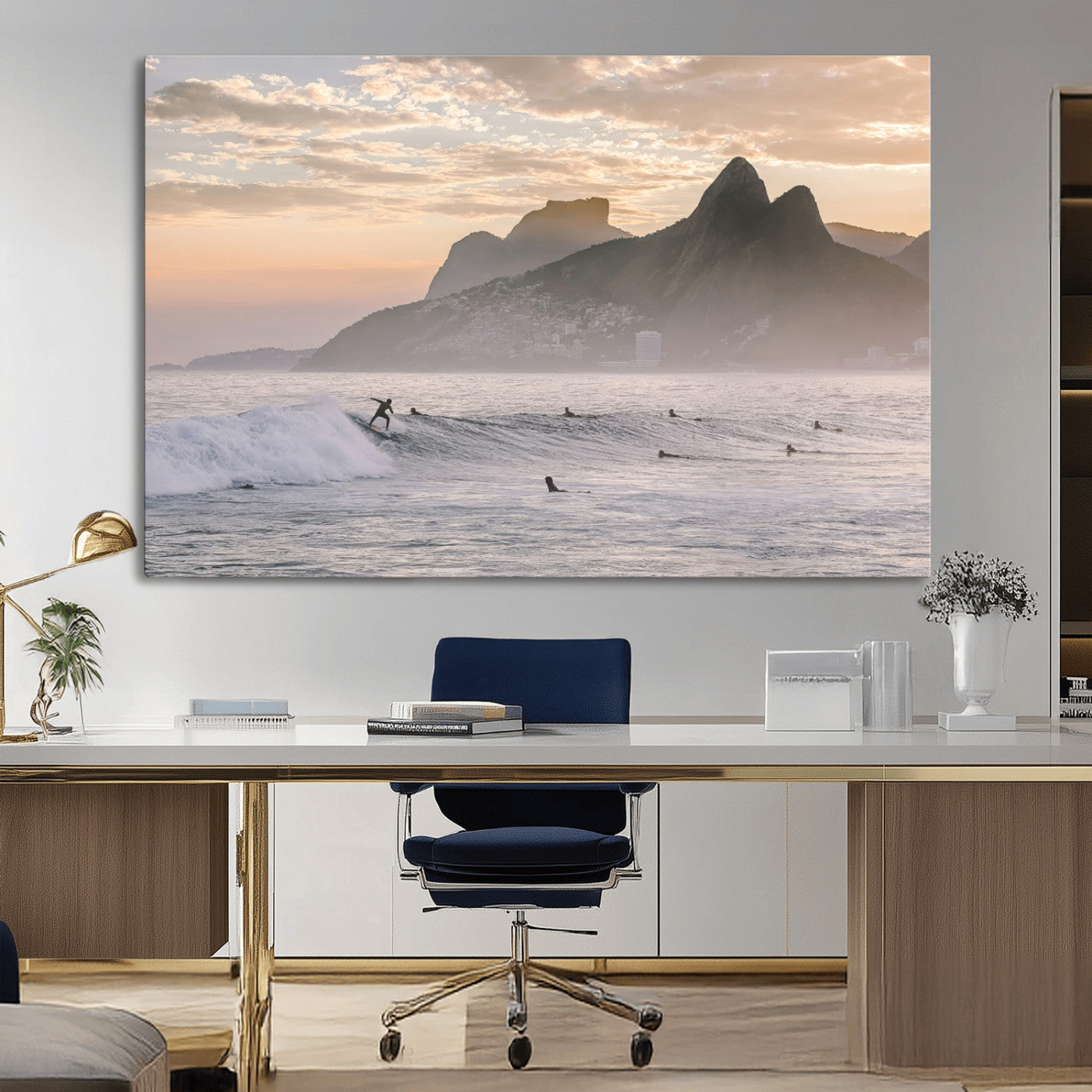 A surfer rides a golden hour wave near misty coastal mountains, surrounded by fellow surfers, capturing the spirit of a coastal adventure.