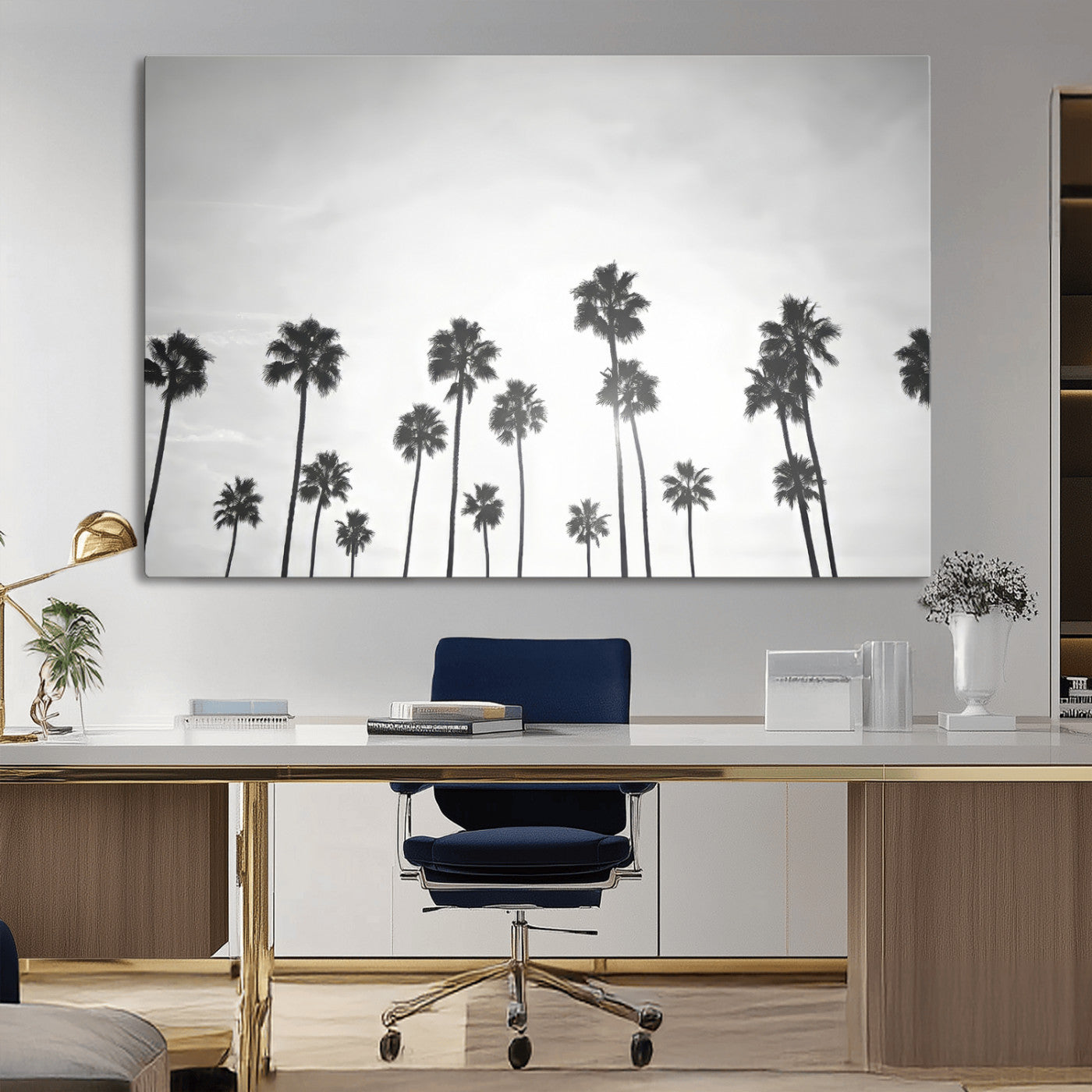 A black and white minimalist scene featuring tall palm trees silhouetted against a bright sky, creating a dreamy and timeless tropical aesthetic.