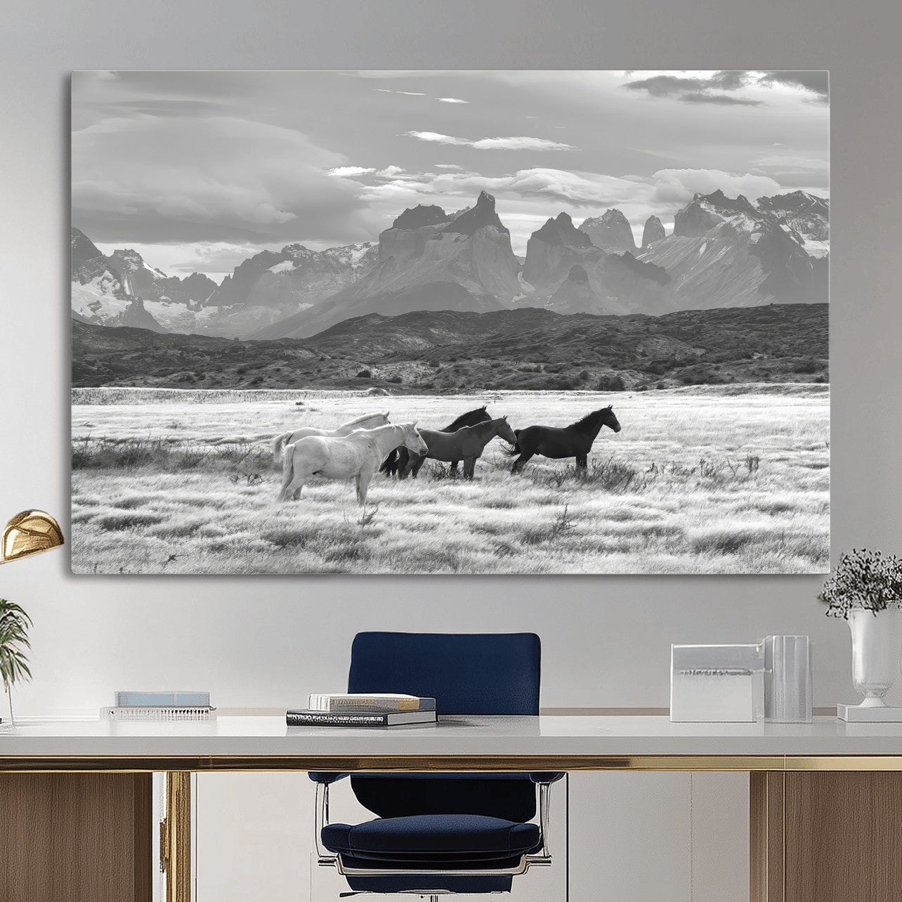 MGV-CV-36X24 - Wild Horses Wall Art Canvas Print, Framed Black White Mountains Art Picture Print, Rustic Countryside Perfect Rustic Western Decor Artwork