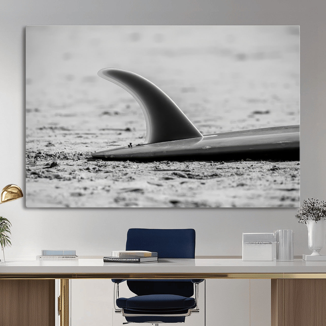 MGV-CV-36X24 - Black White Surfboard Wall Art Canvas Print, Framed Minimalist Beach Art Picture Print, Surf Fin Perfect Minimalist Coastal Decor Artwork