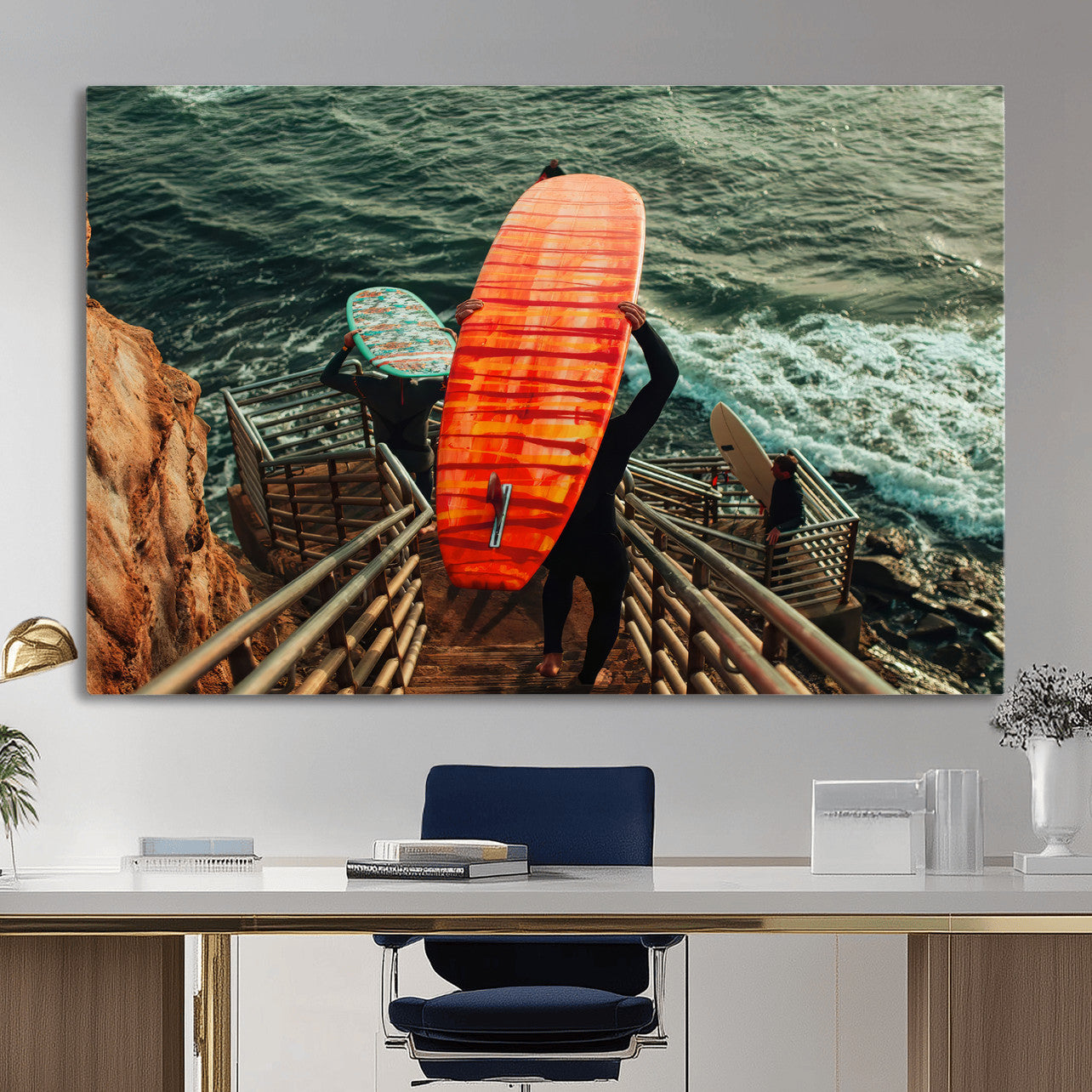 MGV-CV-36X24 - Surfer Stairway Wall Art Canvas Print, Framed Ocean Surf Art Picture Print, Sunset Coastal Perfect Coastal Adventure Decor Artwork