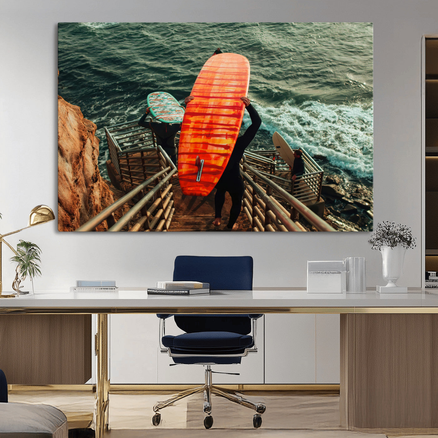 MGV-CV-36X24 - Surfer Stairway Wall Art Canvas Print, Framed Ocean Surf Art Picture Print, Sunset Coastal Perfect Coastal Adventure Decor Artwork