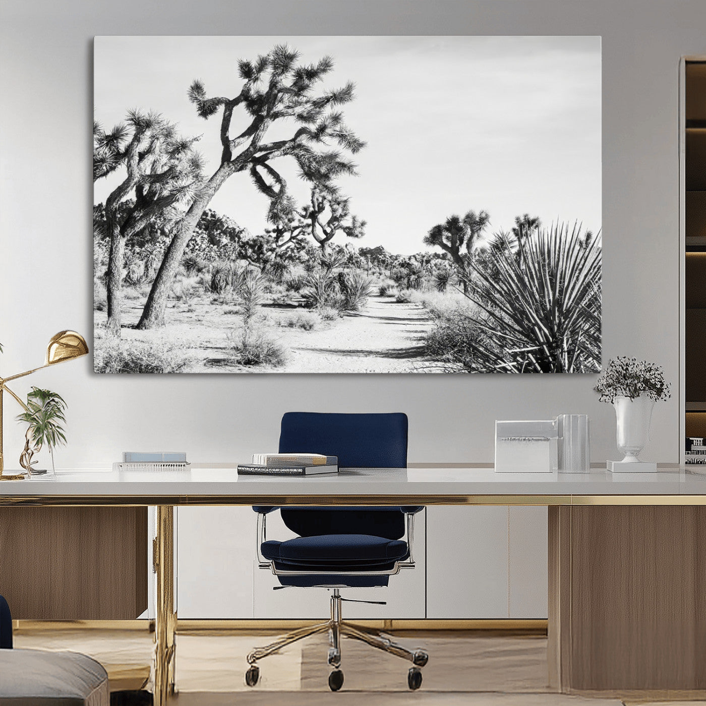 Canvas of a Joshua Tree forest in black and white tones, featuring a desert path and spiky vegetation, ideal for minimalist or rustic decor.