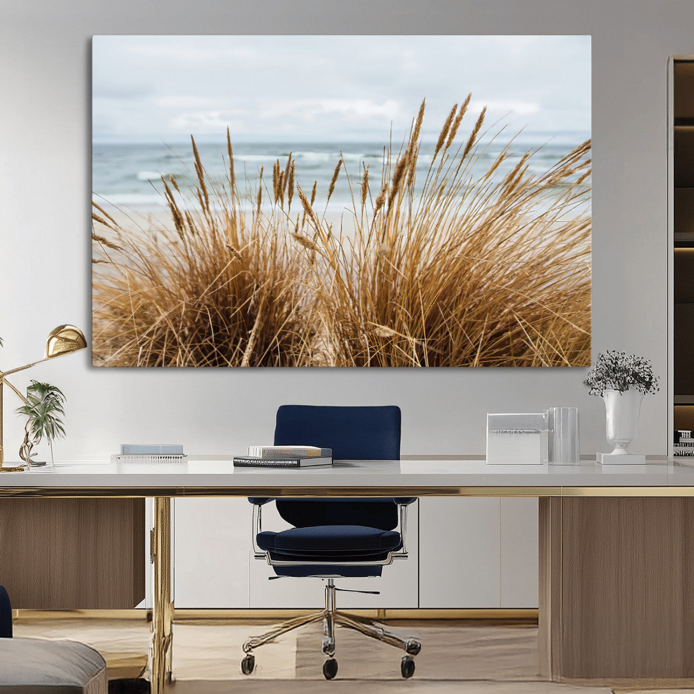 Canvas of golden beach grass swaying by the ocean under a soft cloudy sky, perfect for neutral-toned or coastal minimalist decor.
