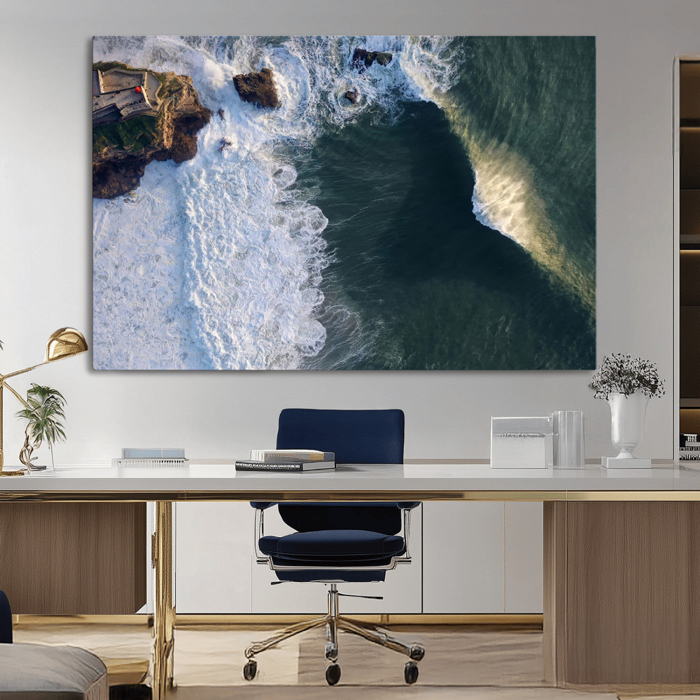 Canvas showing an aerial view of crashing waves along the Nazaré coastline, perfect for dramatic coastal or ocean-themed home decor.