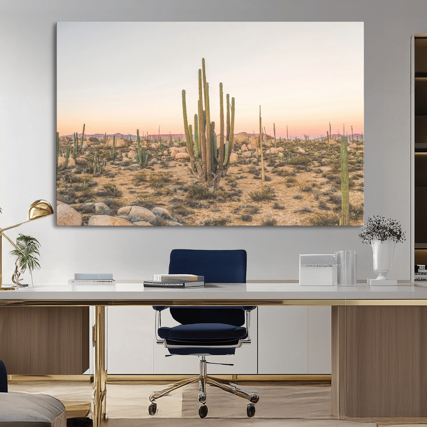 Canvas of tall desert cacti in warm sunset tones over a rocky Baja landscape, ideal for earthy or Southwestern-style home decor.