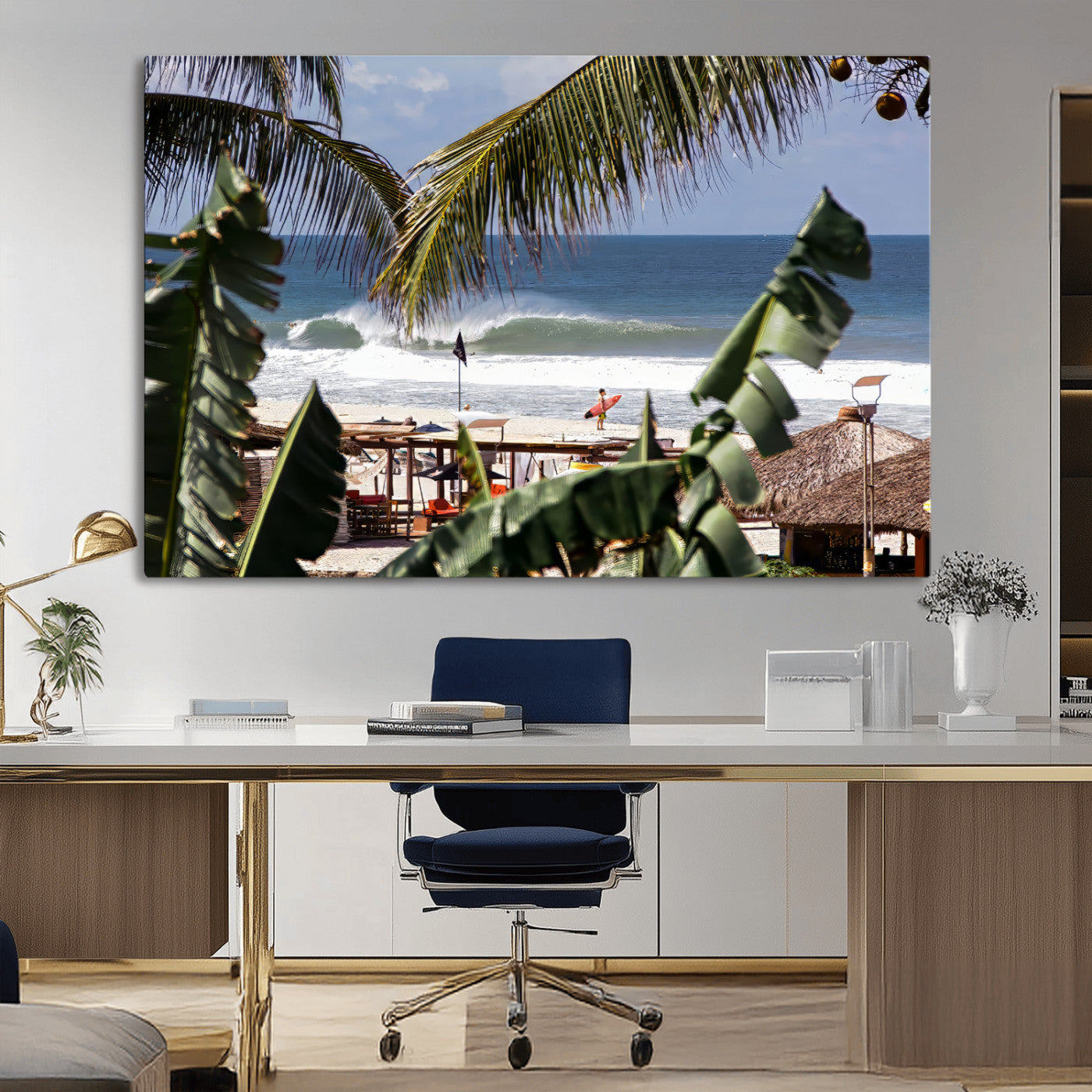 Canvas wall art of a tropical surf scene framed by palm trees, with a surfer on the shore and waves rolling in, ideal for beach-themed decor.