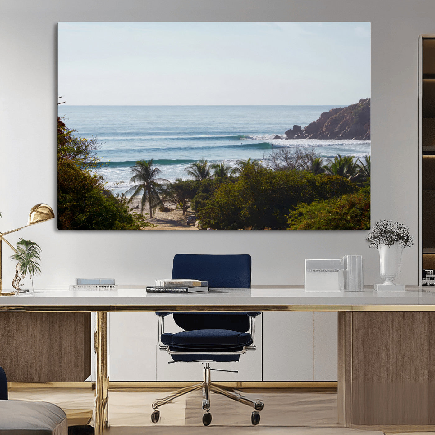 View of calm ocean waves with palm trees and a tropical coastline, ideal for coastal boho or beach-themed wall decor.