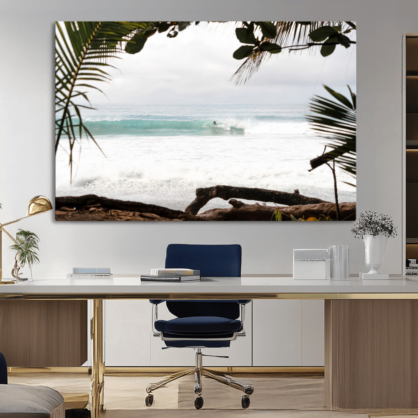 Tropical beach view with palm trees and surfer riding a wave, perfect for boho or coastal-inspired interior wall decor.
