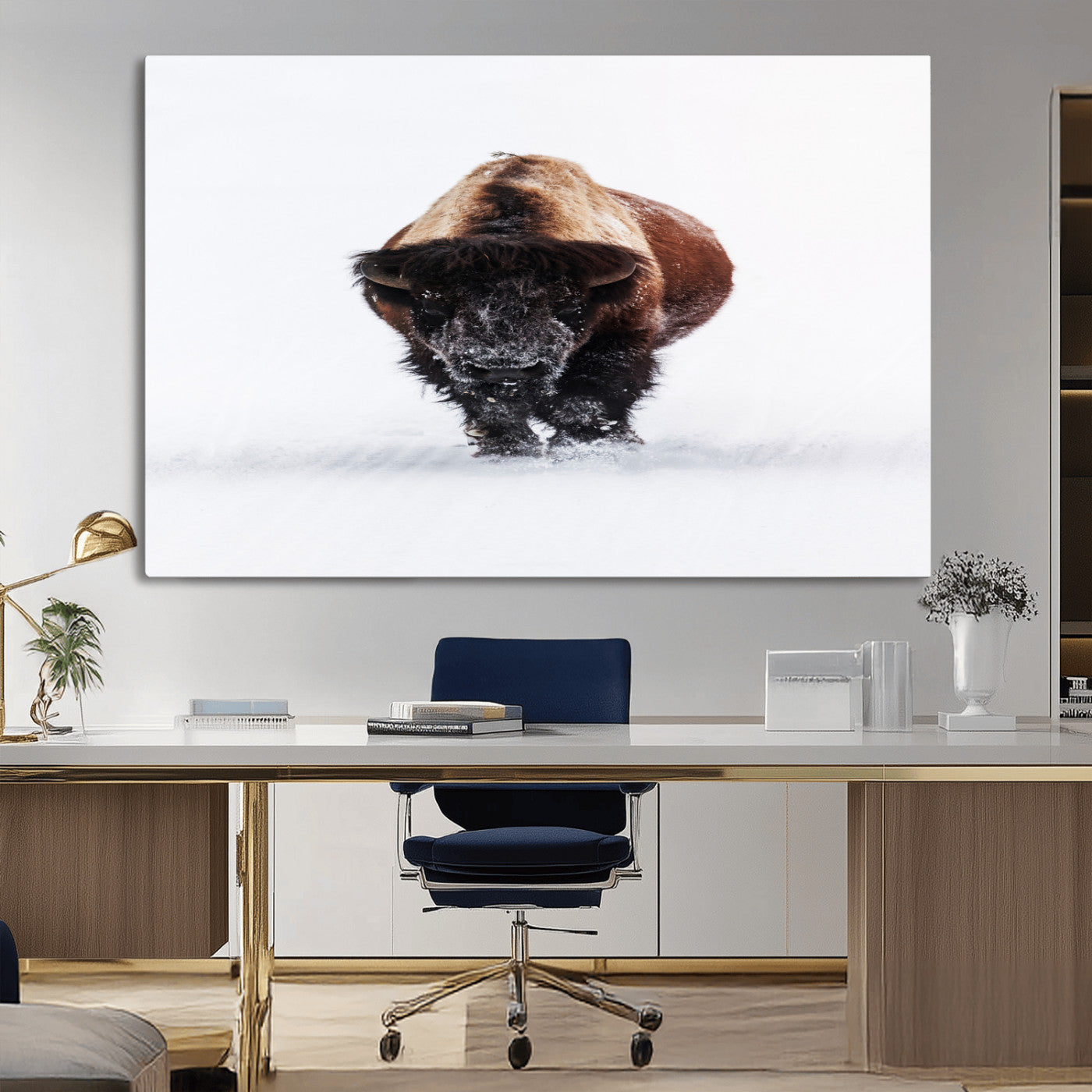 Front view of a strong bison walking in deep snow, isolated white background, perfect for rustic or lodge-style home decor.