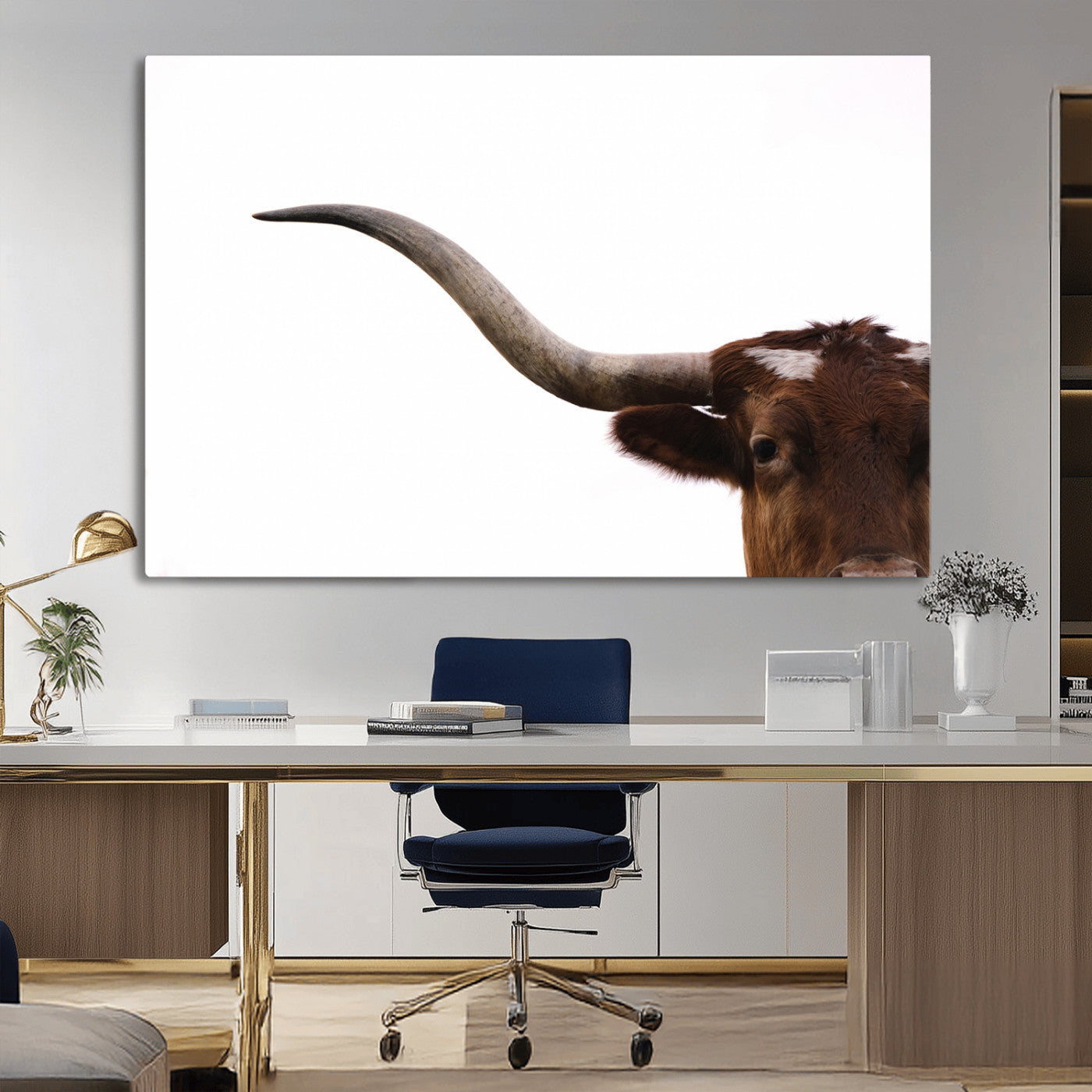 Close-up of Texas Longhorn horn and eye on white background, perfect for minimalist or modern farmhouse style wall decor.