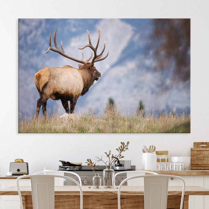 Rustic Elk Wall Art Canvas Print, Wildlife Antler Print, Framed Western Hunting Lodge Art Print