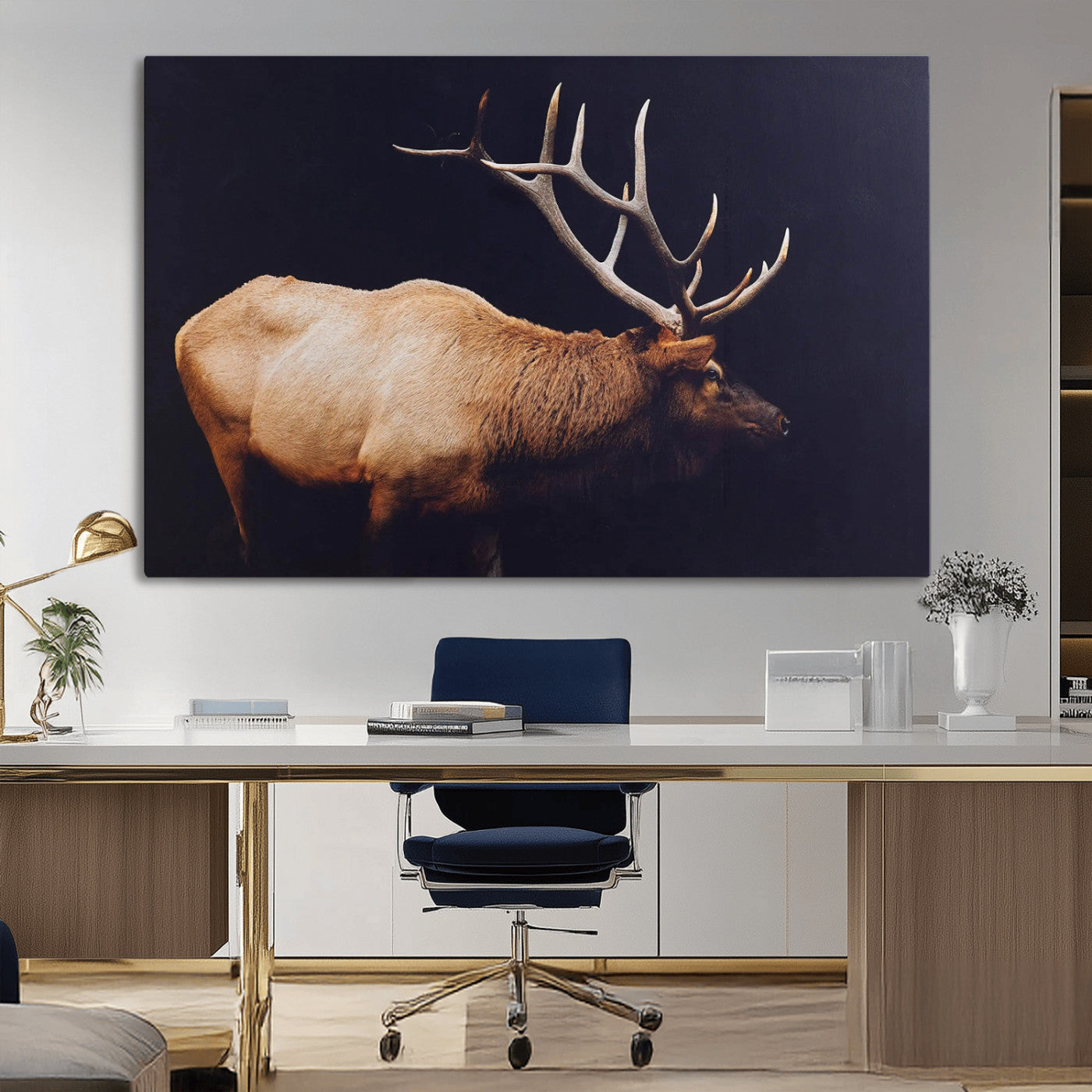 Side profile of an elk with large antlers on dark background, creating a bold rustic statement for cabin or Western-themed decor.