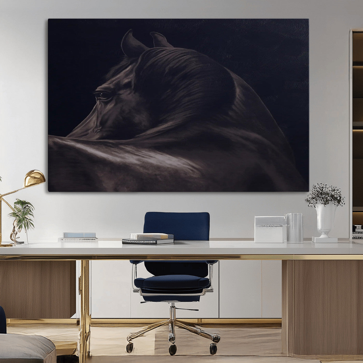 Moody black horse portrait with dramatic lighting on dark background, ideal for rustic, modern or Western style home decor.