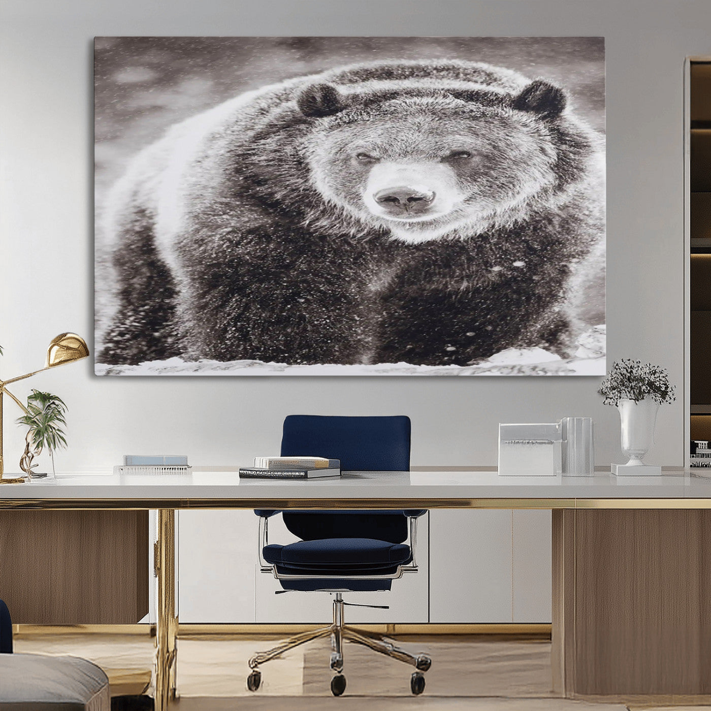 Snow-covered grizzly bear in black and white, ideal for rustic lodge, cabin or wildlife-themed home wall decor.