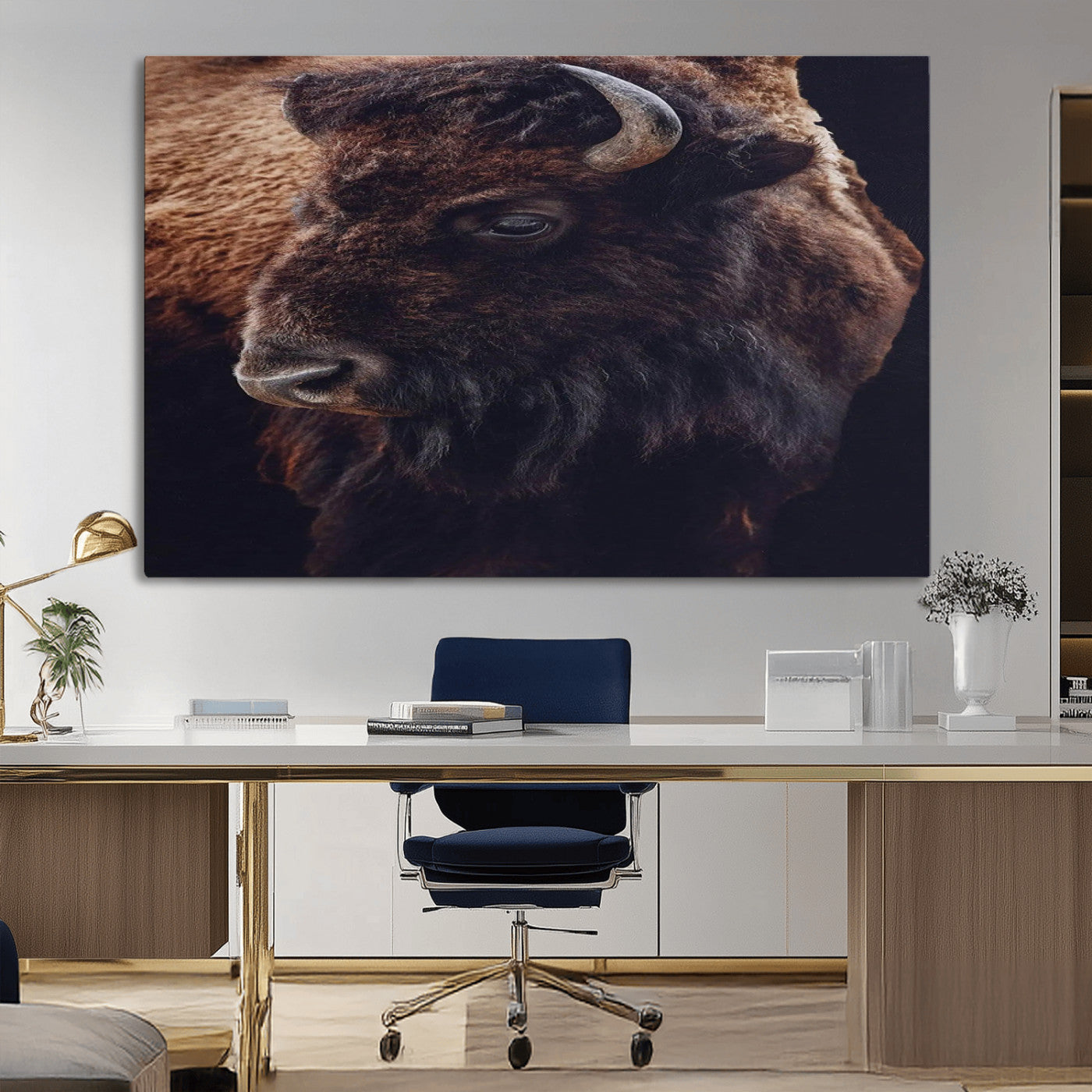 Close-up portrait of a bison with dark fur on a black background, perfect for rustic, lodge, or Western-style interior wall decor.