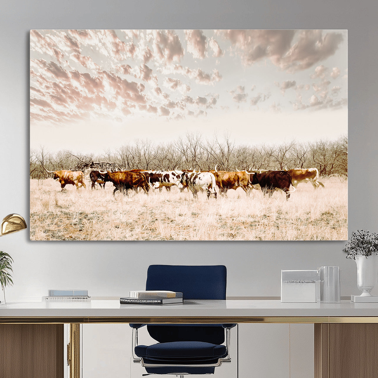 64892775-MGV-CV-36X24 - Longhorn Cattle Wall Art Canvas Print, Framed Texas Ranch Art Picture Print, Western Cow Perfect Western Decor Artwork