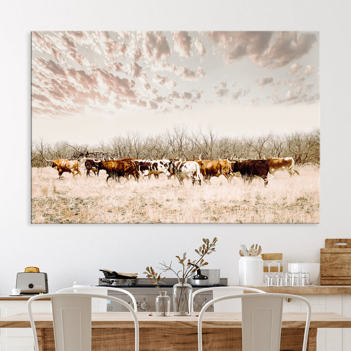 Longhorn Cattle Wall Art Canvas Print, Texas Ranch Print, Framed Western Cow Art Print, Large Prairie Landscape Printing Perfect for Western Decor