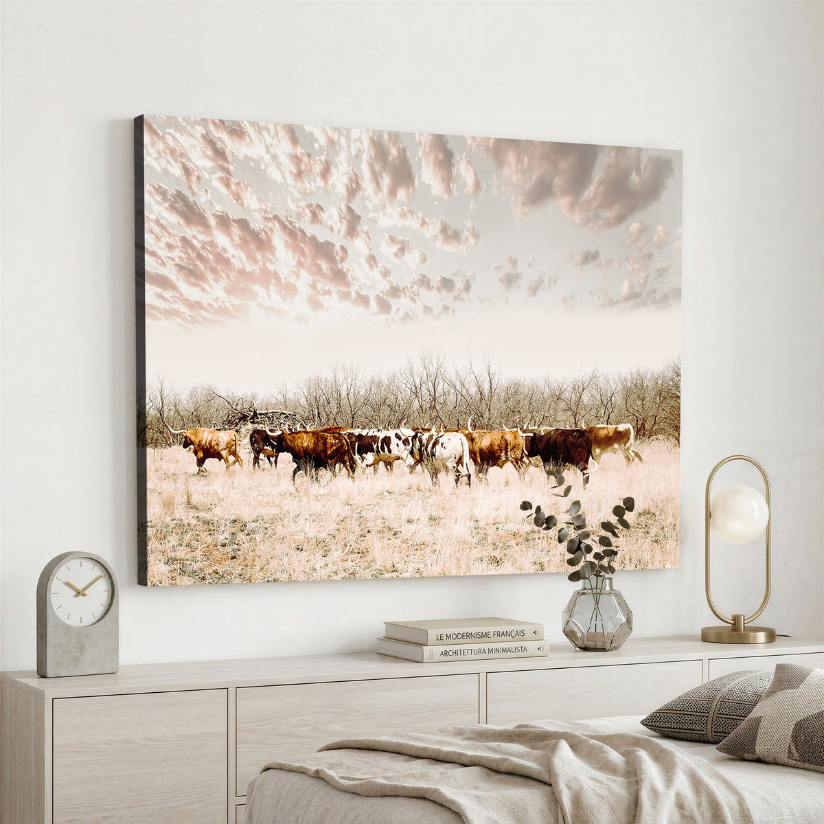 64892775-MGV-CV-24X16 - Longhorn Cattle Wall Art Canvas Print, Framed Texas Ranch Art, Western Cow Print, Prairie Landscape Decor