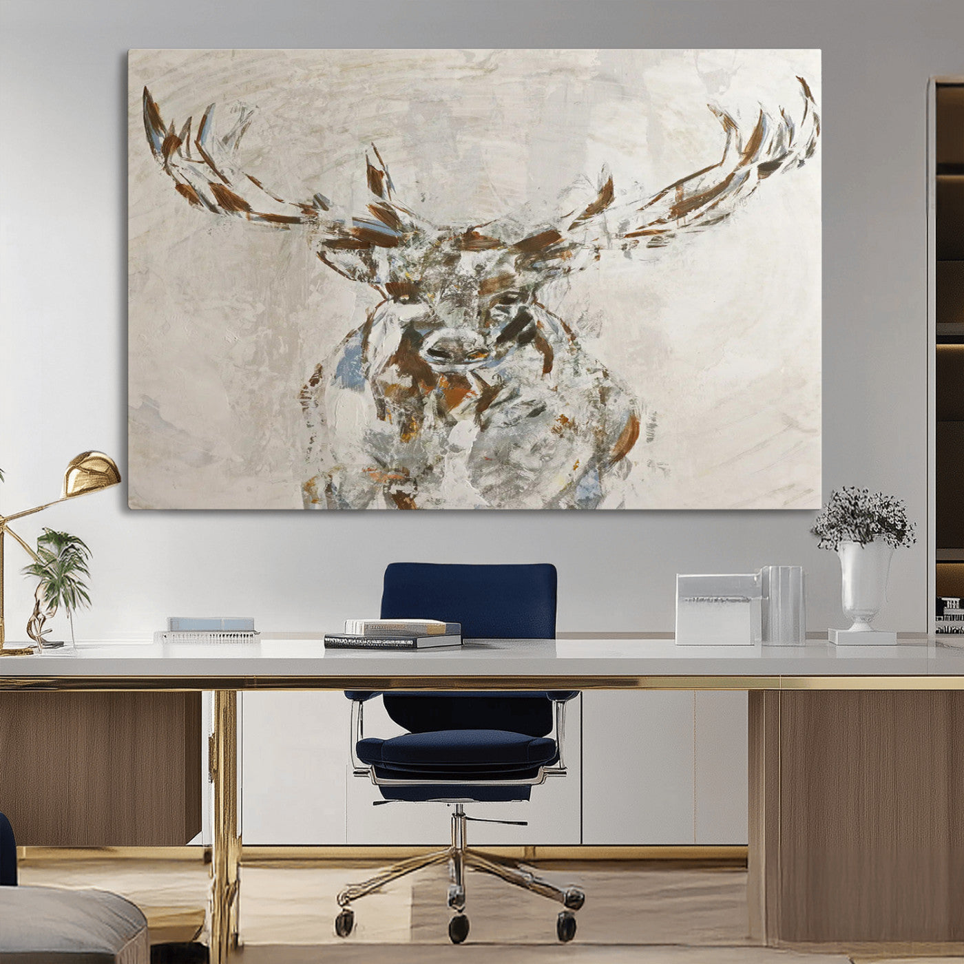 Abstract painting of a deer with antlers in neutral earth tones, ideal for modern rustic or lodge-style living room wall decor.