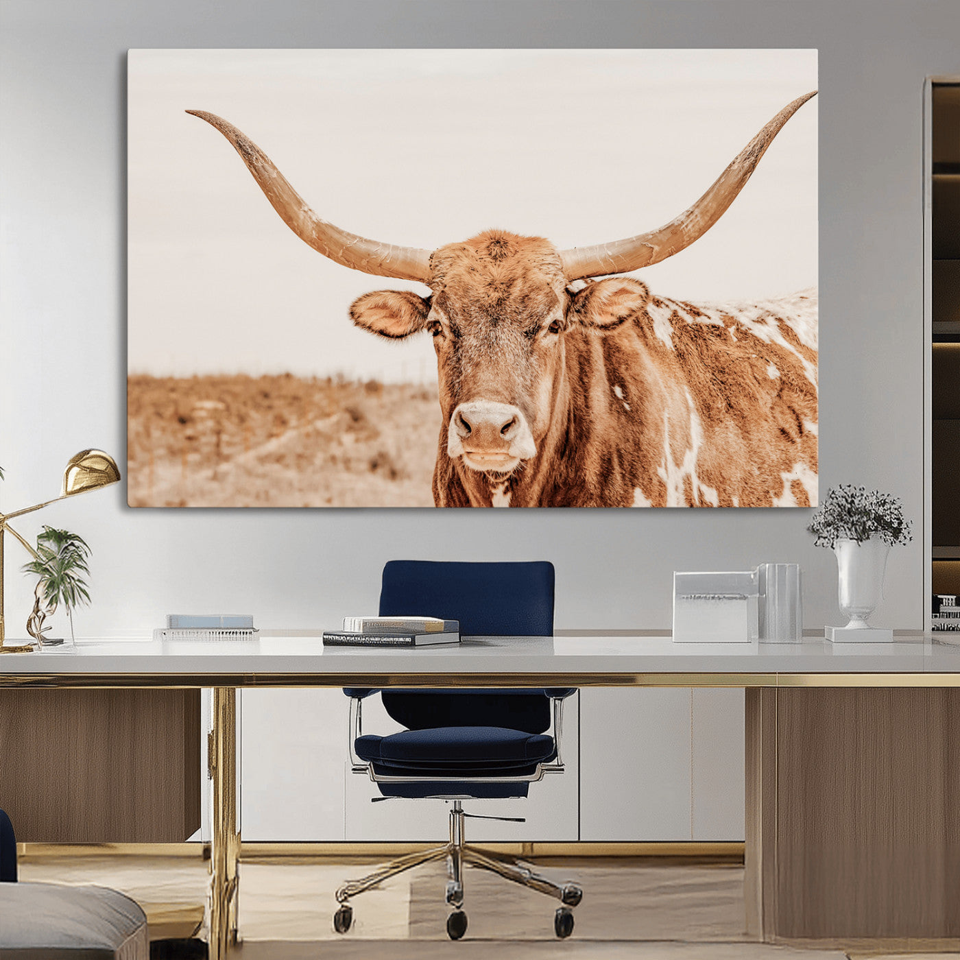 Sepia-toned Texas Longhorn facing forward in a dry field, perfect for rustic farmhouse or western-themed neutral home decor.
