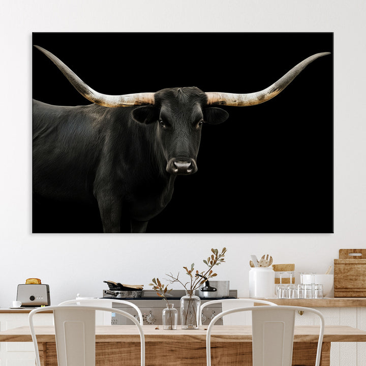 Black White Longhorn Bull Wall Art Canvas Print, Texas Ranch Print, Framed Western Cow Art Print for Farmhouse Decor - Longhorn Print