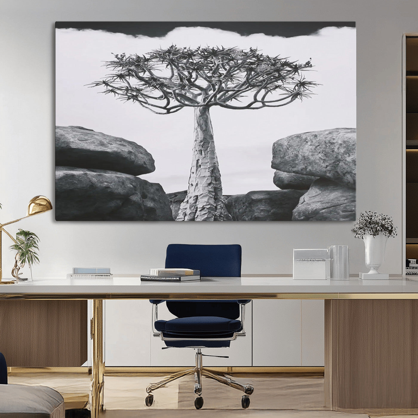 Black and white Joshua tree with bold rocky background, ideal for minimalist or desert-inspired home wall decoration.