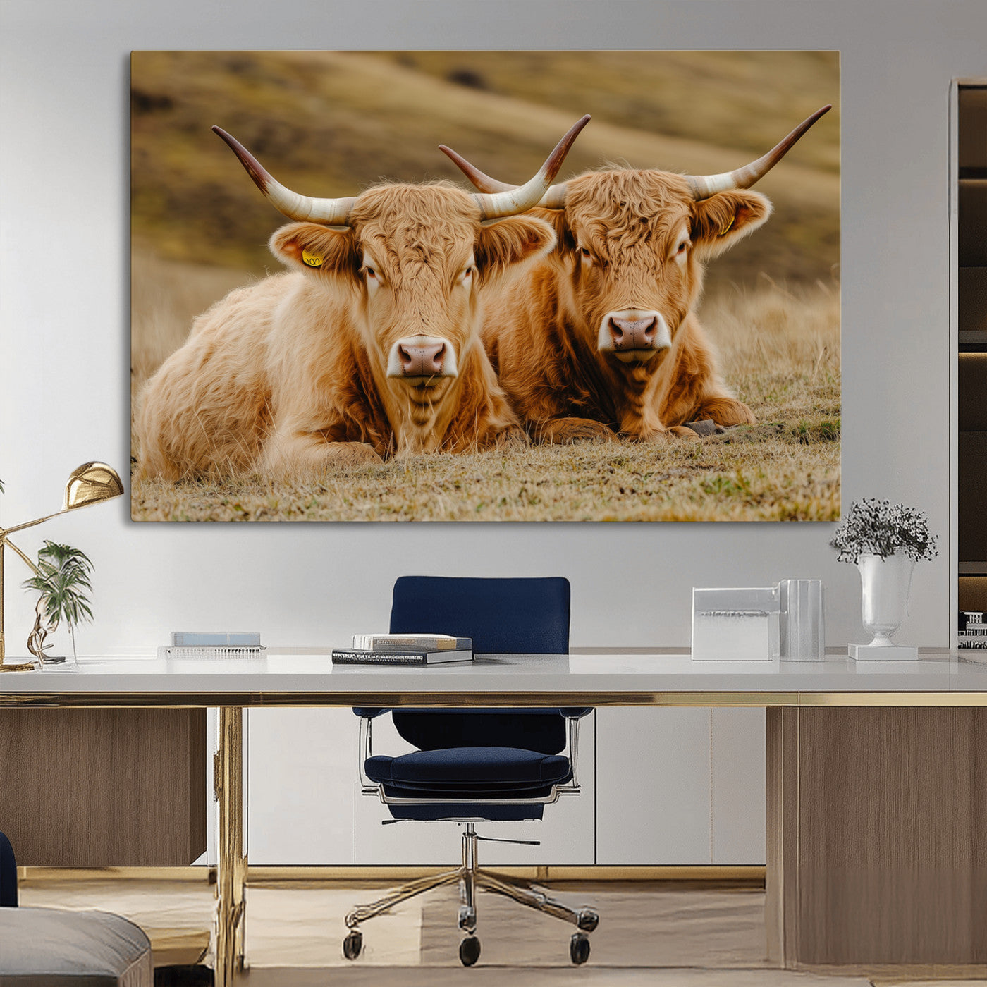 Two Highland cows resting on a golden field with soft focus hills, ideal for rustic farmhouse or cozy cabin style decor.