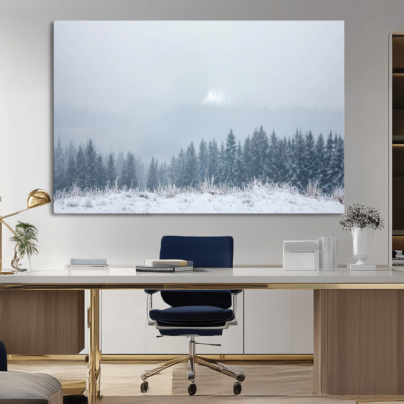 Snow-covered forest under misty sky, soft light breaking through clouds, ideal for minimalist or Nordic-inspired home decor.