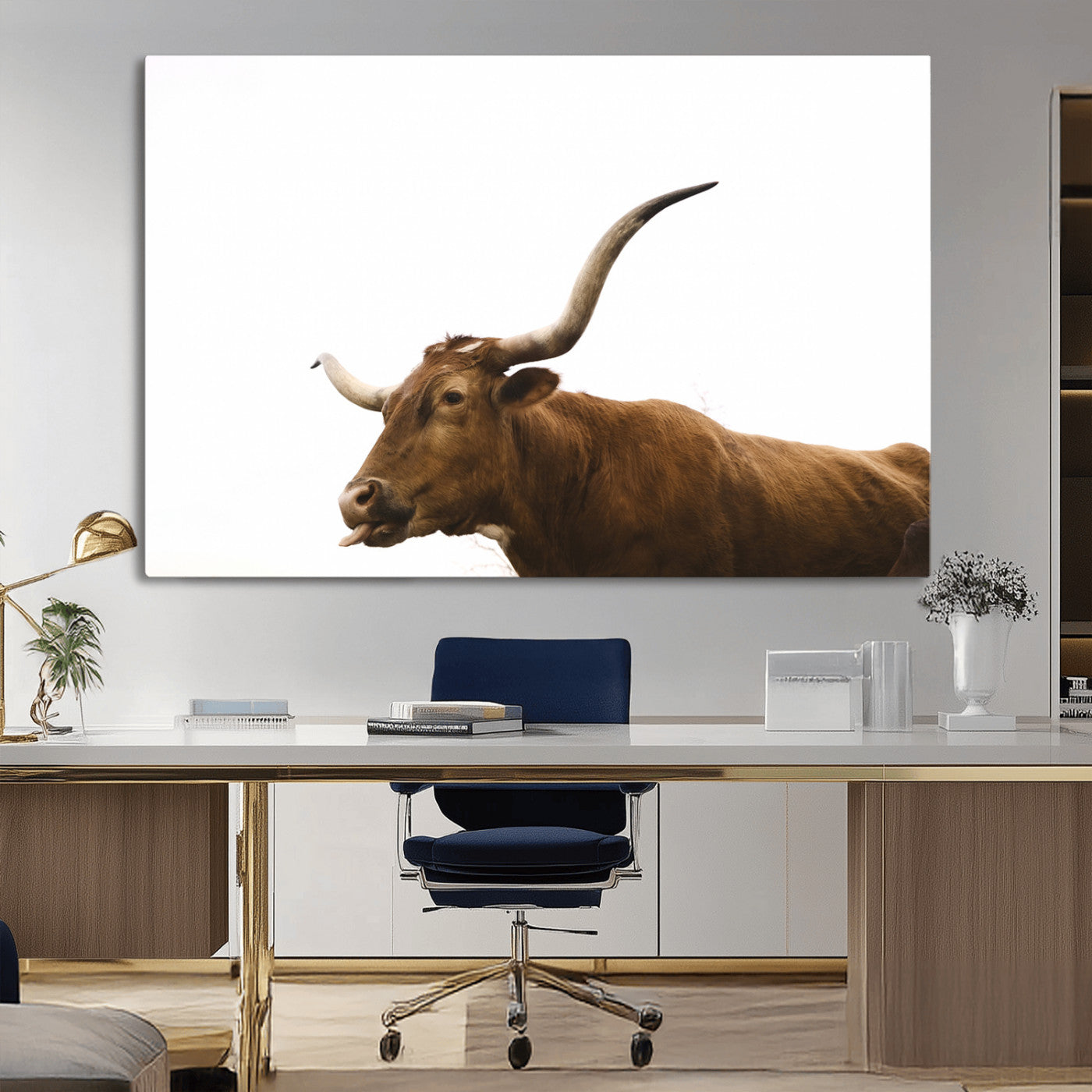 Minimal photo of a longhorn cow with white background, ideal for rustic, western or farmhouse-style interior decor.