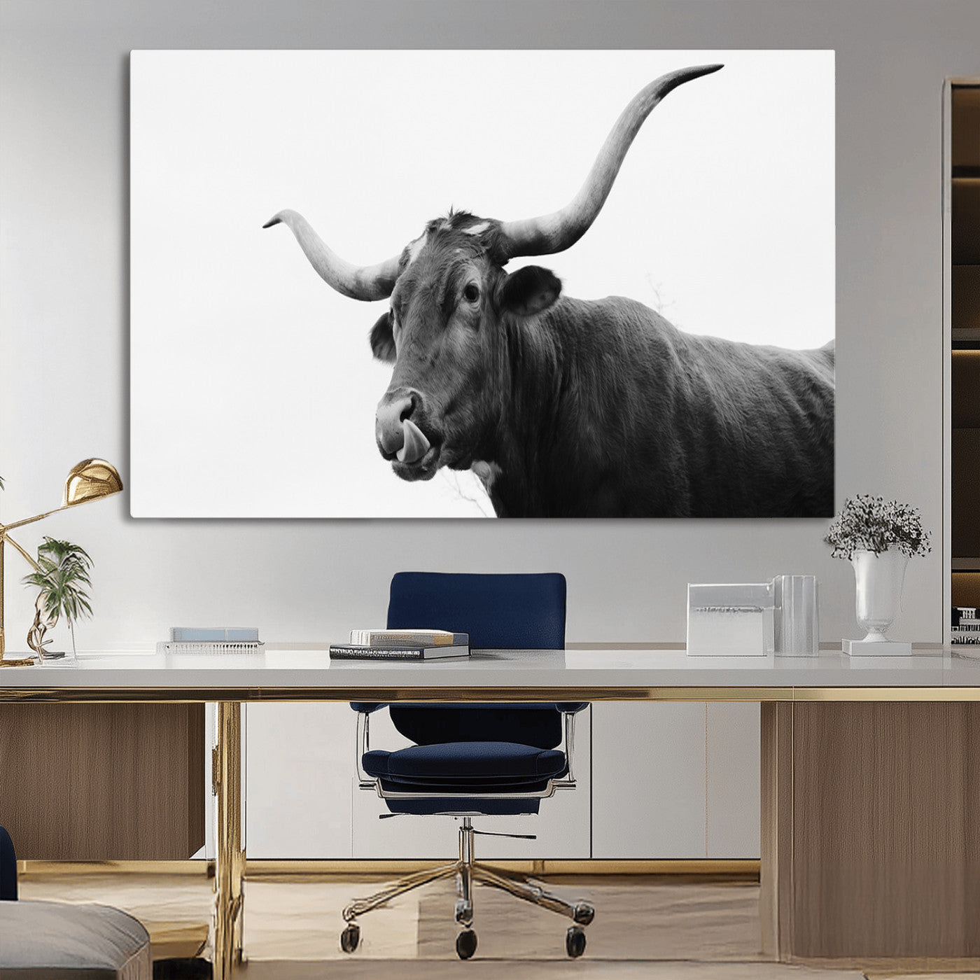 Black and white portrait of a longhorn cow looking toward the camera, ideal for modern rustic or western farmhouse wall decor.